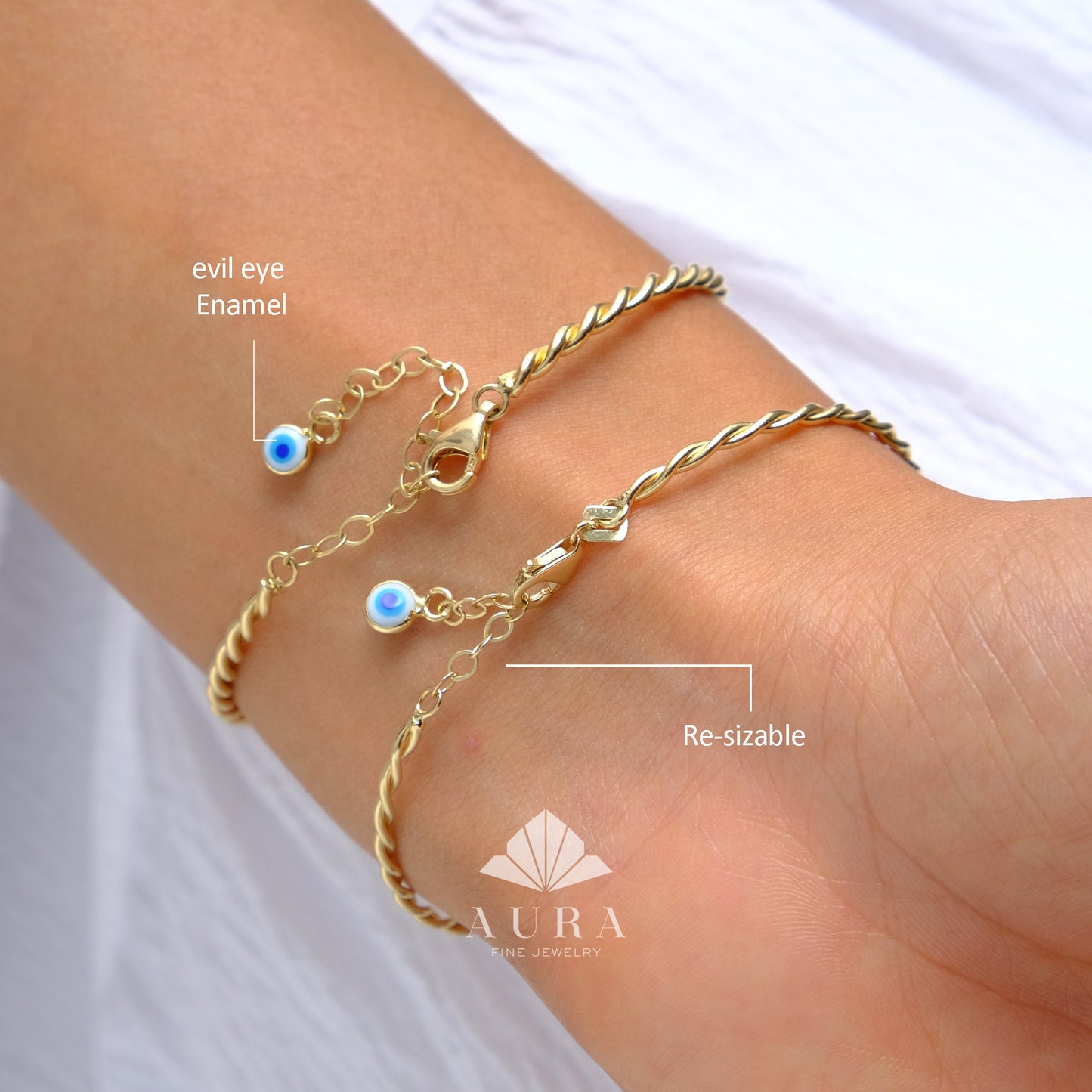 14K Gold Bangle Bracelet, Double Twisted Bangle, Stacking Cable Bracelet, Evil Eye Charm Bangle, Dainty Gold Wire Bracelet, Gift for Her