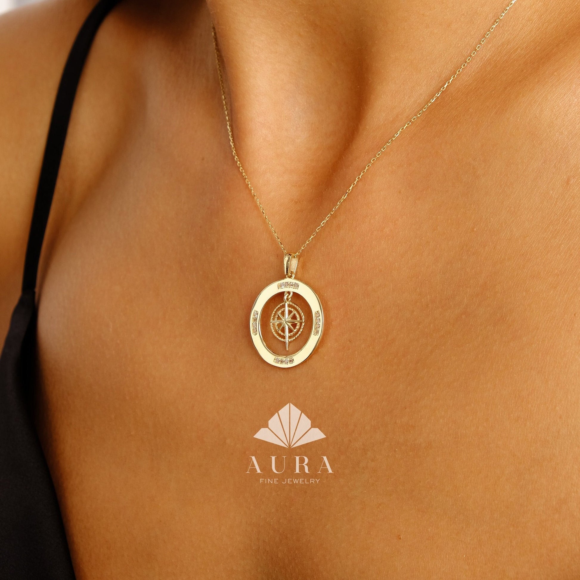 14K Gold Compass Necklace, CZ Diamond Polaris Pendant, Travel Charm Necklace, Gold Jewelry, Gold Navigation Disc, Dainty Explorer Necklace