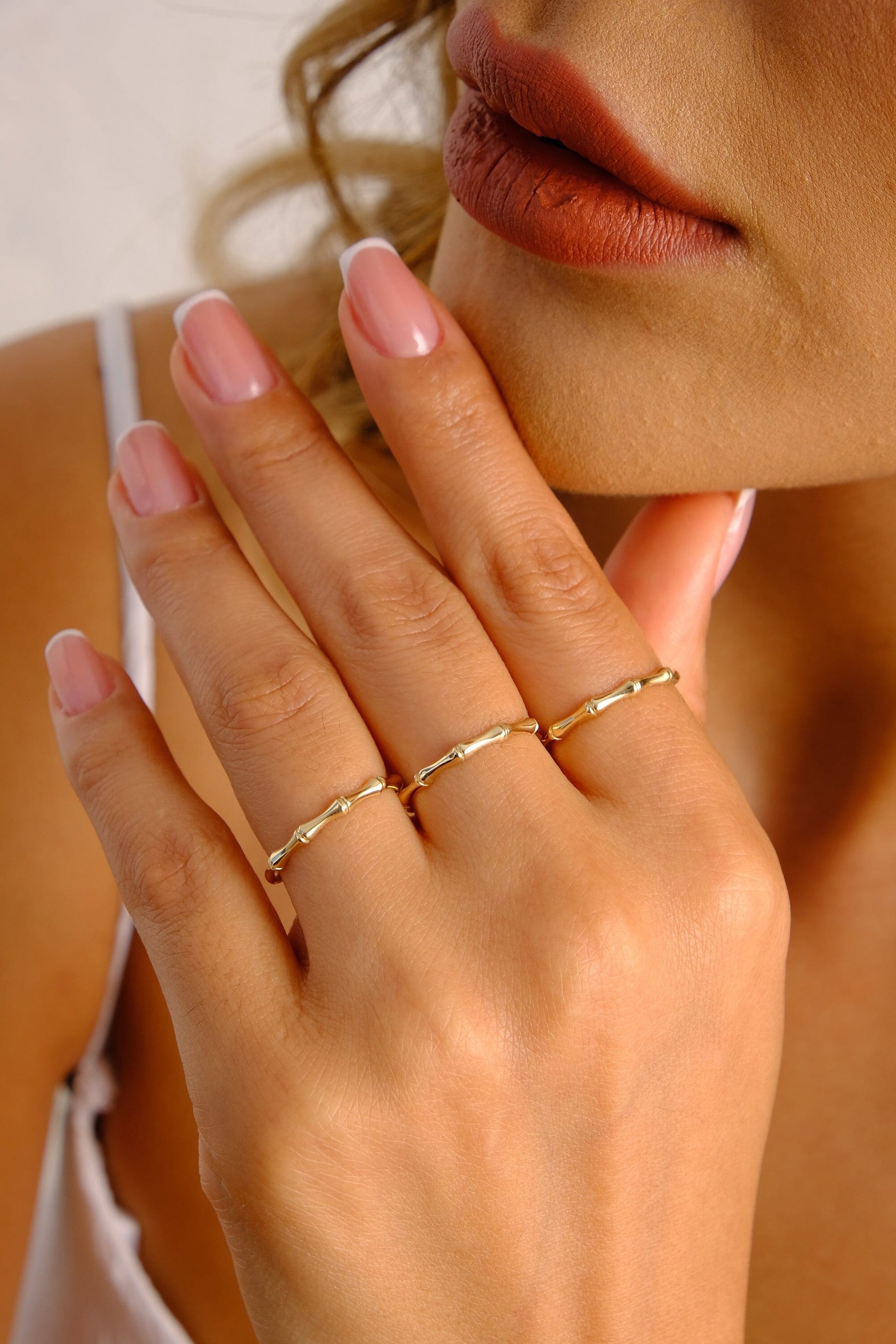 14K Gold Bamboo Ring, Thin Stacking Band, Minimalist Gold Jewelry, Unisex Knuckle Ring, Dainty Bone Band, Gift for Her, Valentine's Day Gift