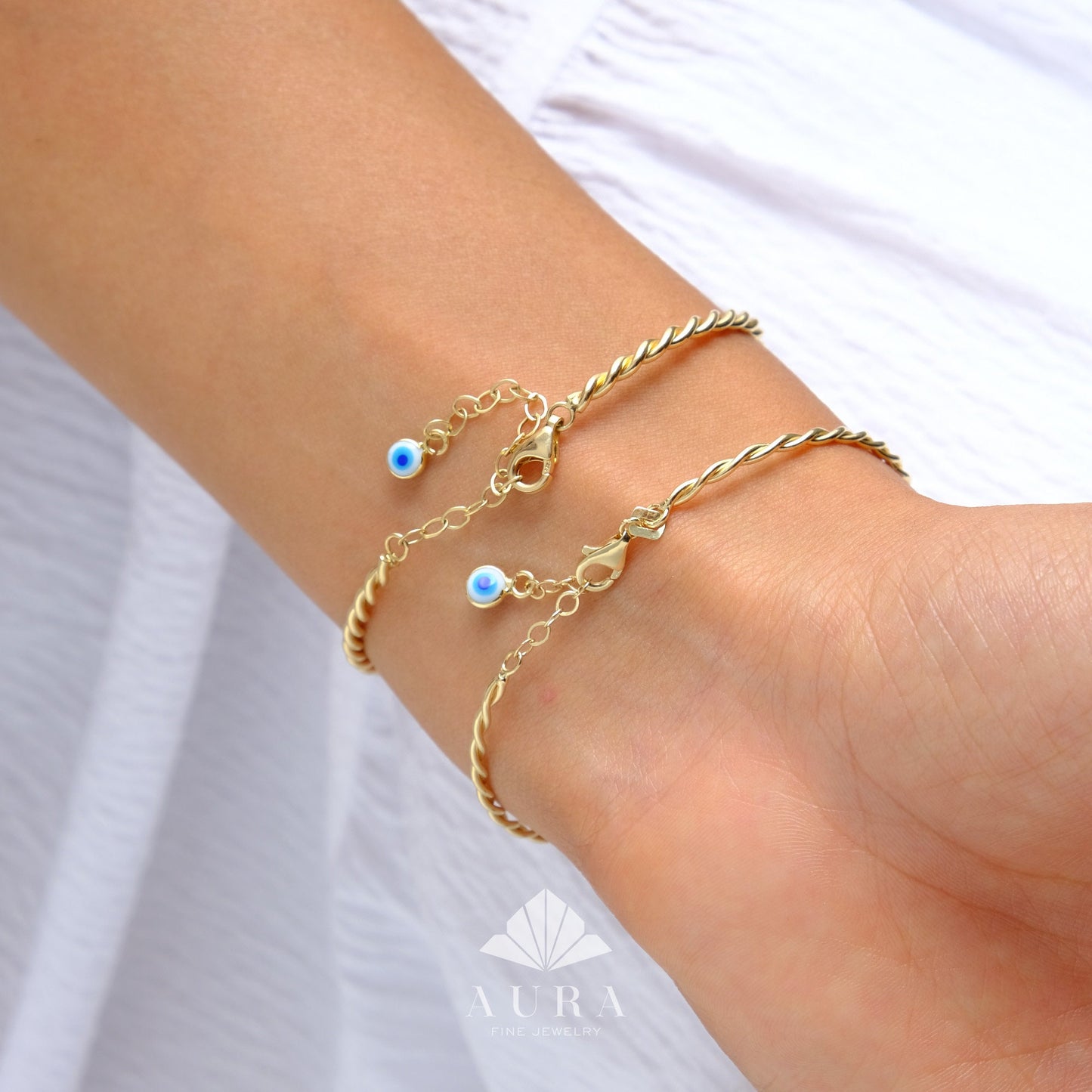 14K Gold Bangle Bracelet, Double Twisted Bangle, Stacking Cable Bracelet, Evil Eye Charm Bangle, Dainty Gold Wire Bracelet, Gift for Her