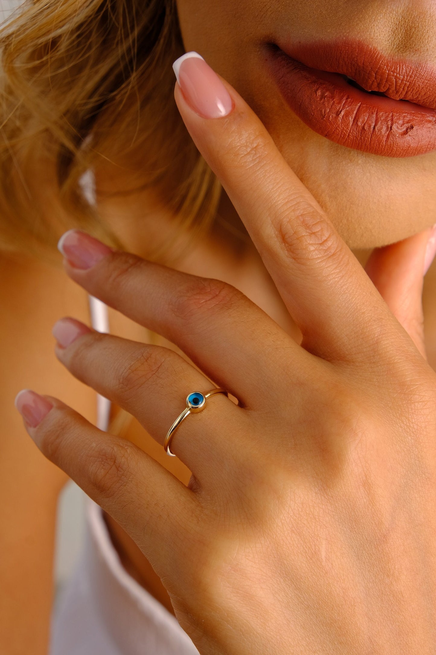 14K Solid Gold Evil Eye Ring, Dainty Pinky Ring, Minimalist Protection Ring, Tiny Third Eye Ring, Delicate Stackable Ring, Gift for Her