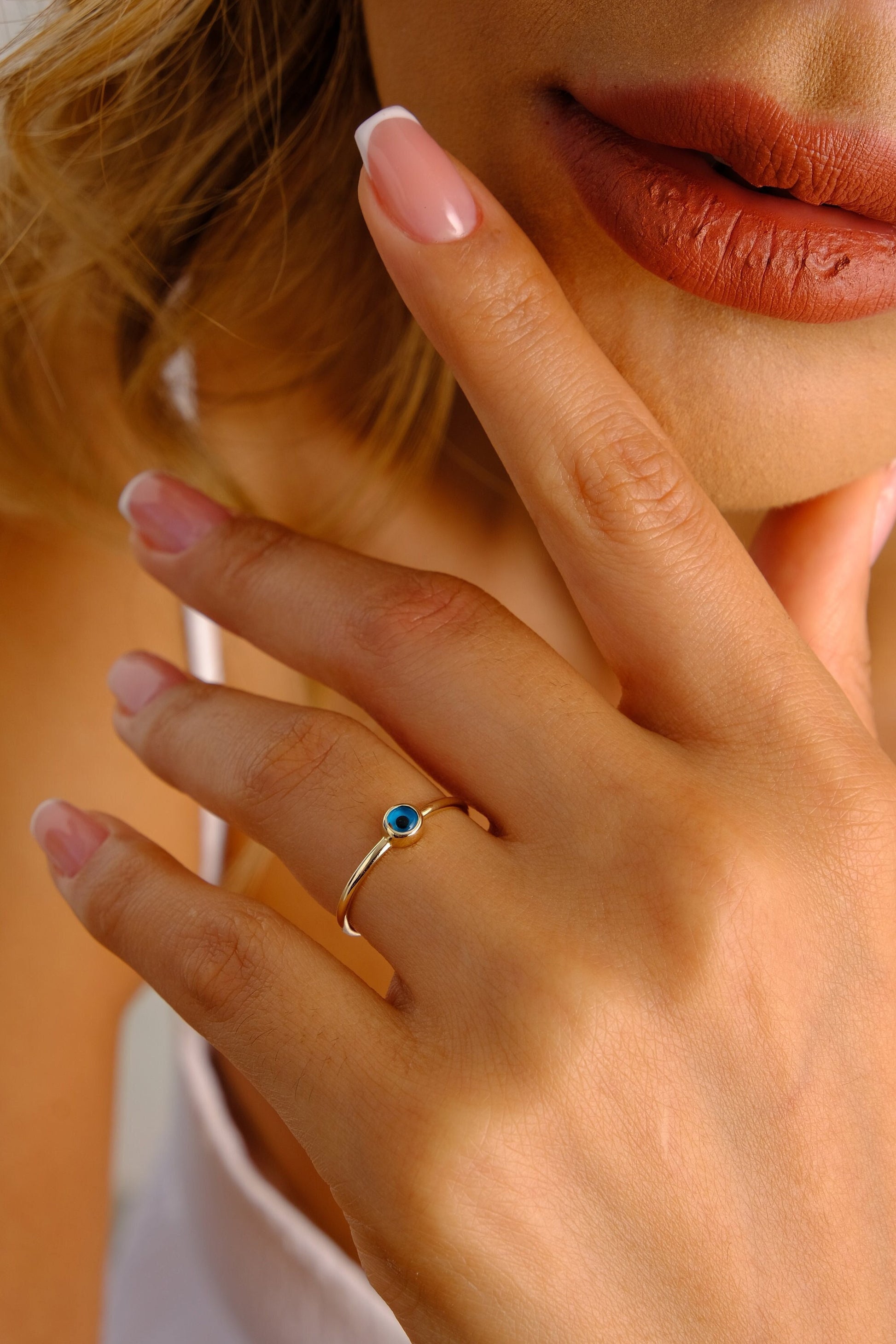 14K Solid Gold Evil Eye Ring, Dainty Pinky Ring, Minimalist Protection Ring, Tiny Third Eye Ring, Delicate Stackable Ring, Gift for Her