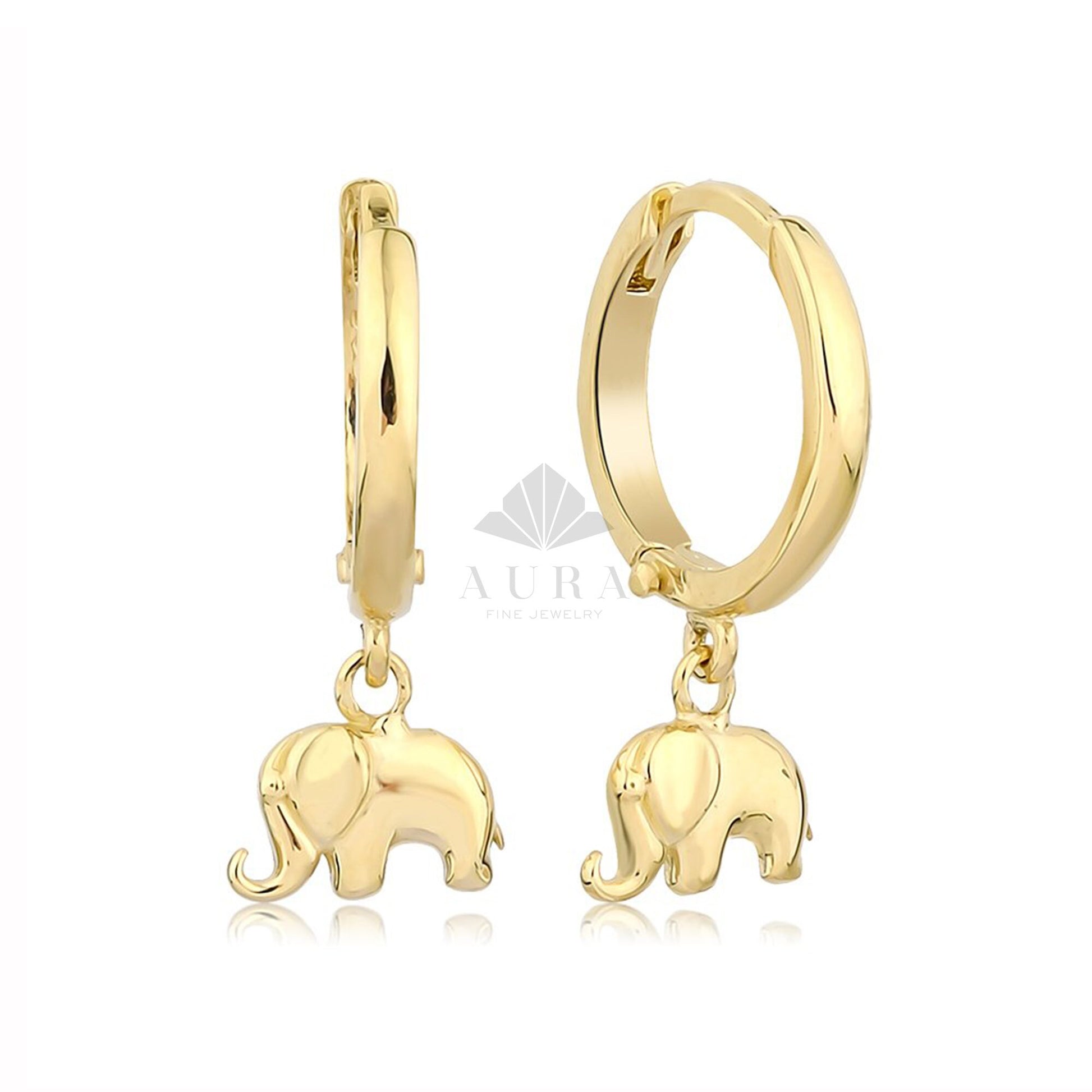 14K Gold Elephant Earrings, Elephant Dangle Earrings, Gold Drop Earrings, Hoop Earrings, Statement Cute Earrings, Minimalist Earrings