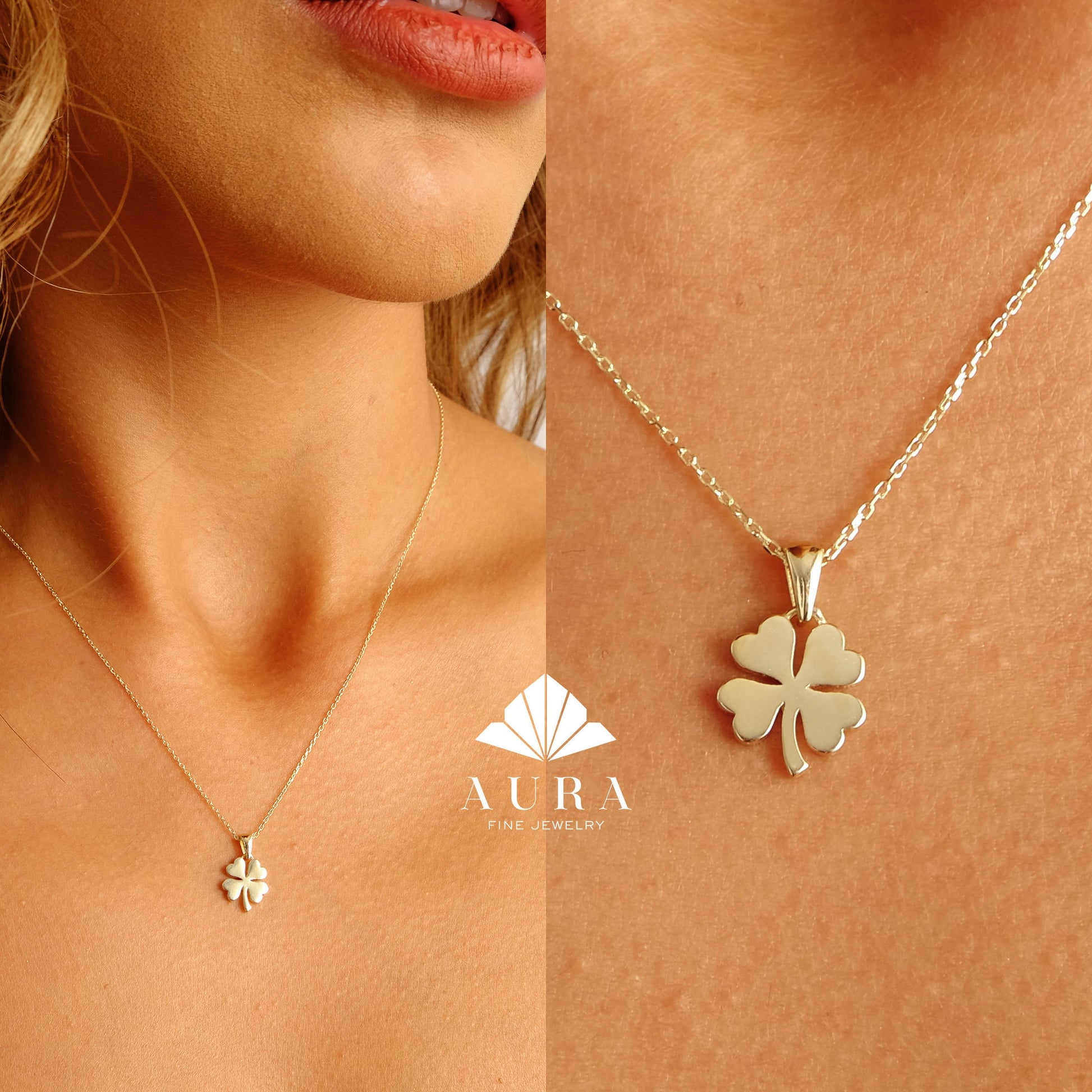 14K Gold Four Leaf Clover Necklace, Lucky Shamrock Pendant, Dainty Gold Necklace, Good Luck Charm Jewelry, Minimalist Gift for Women