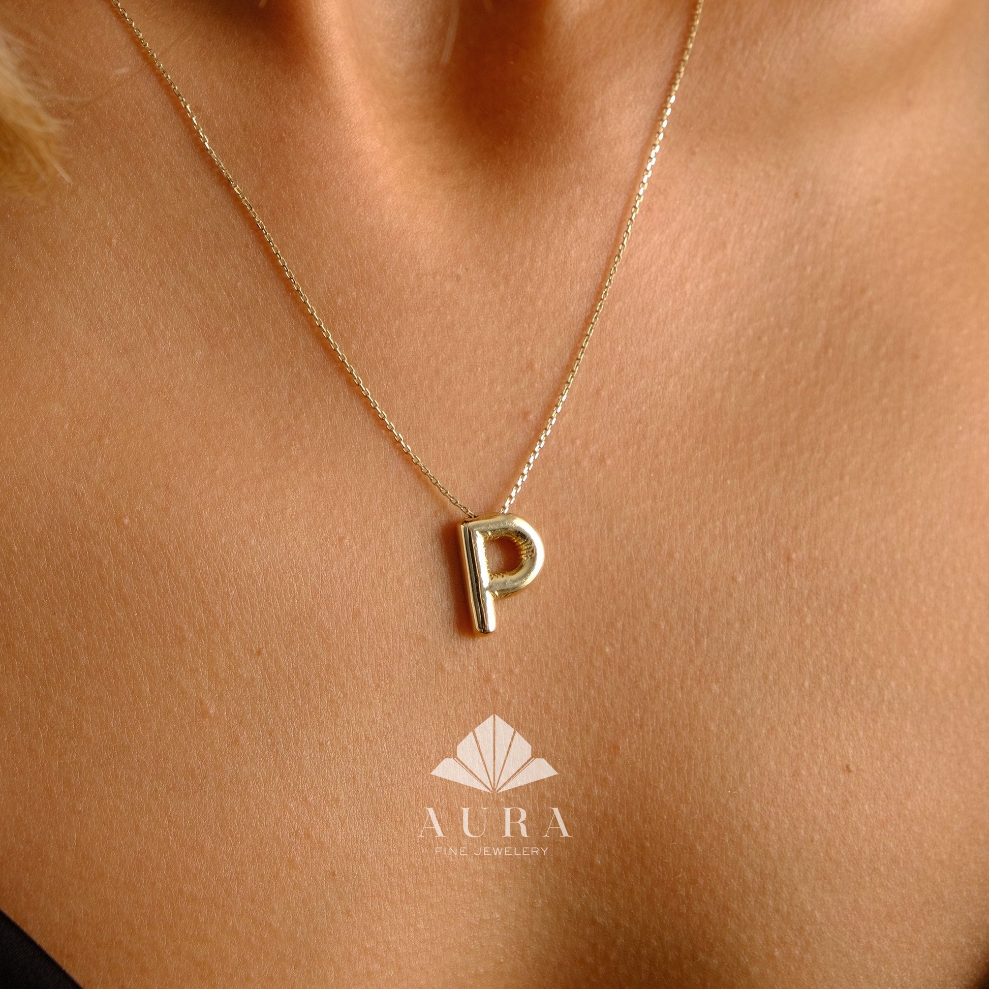 14K Gold Initial Necklace, Puff Letter Pendant, Balloon Letter Necklace, Tiny Letter Charm, Personalized Name Necklace, Gift For Her
