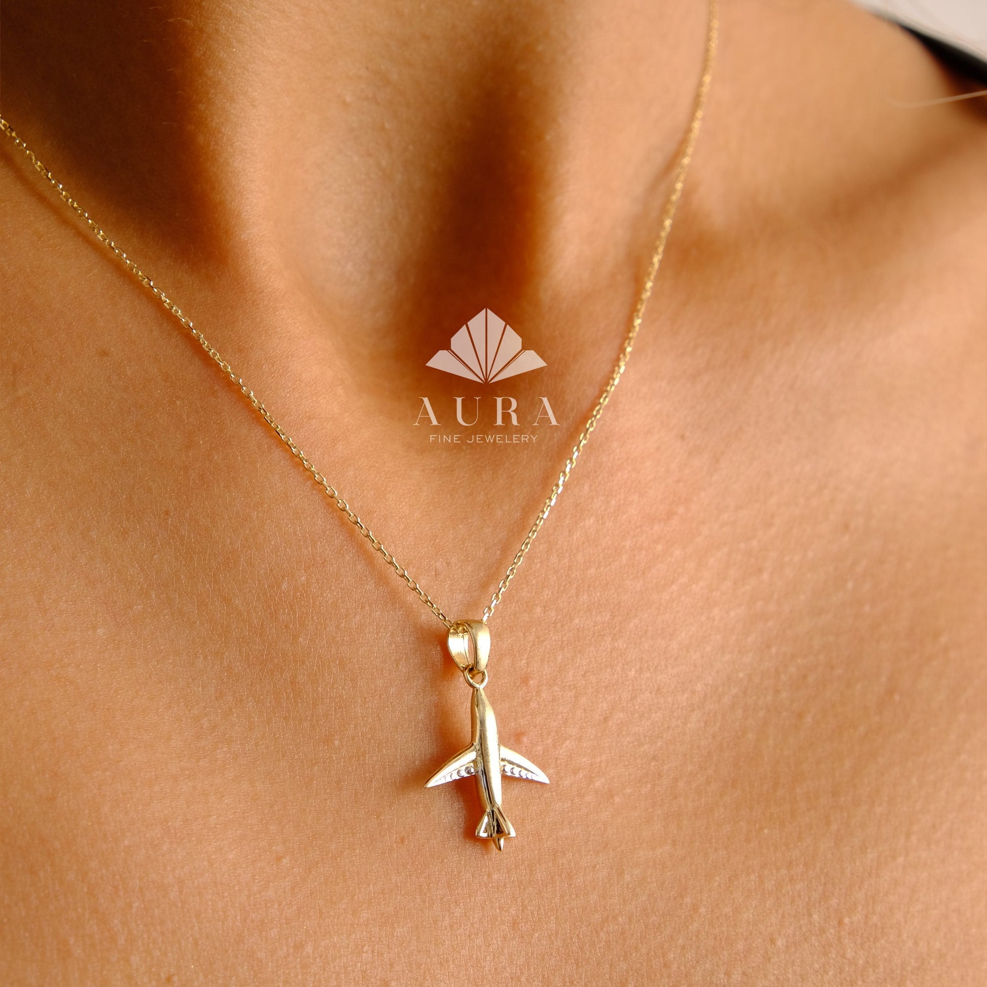 14K Gold Airplane Necklace, Plane Pendant, Tiny Travel Charm, Dainty Gold Flight Necklace, Travel Jewelry, Pilots Flight Attendant Gift