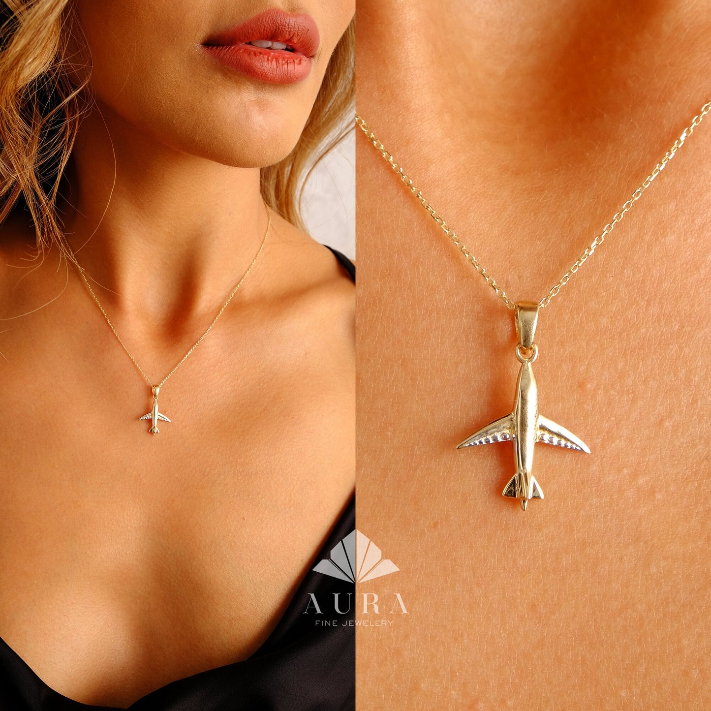 14K Gold Airplane Necklace, Plane Pendant, Tiny Travel Charm, Dainty Gold Flight Necklace, Travel Jewelry, Pilots Flight Attendant Gift