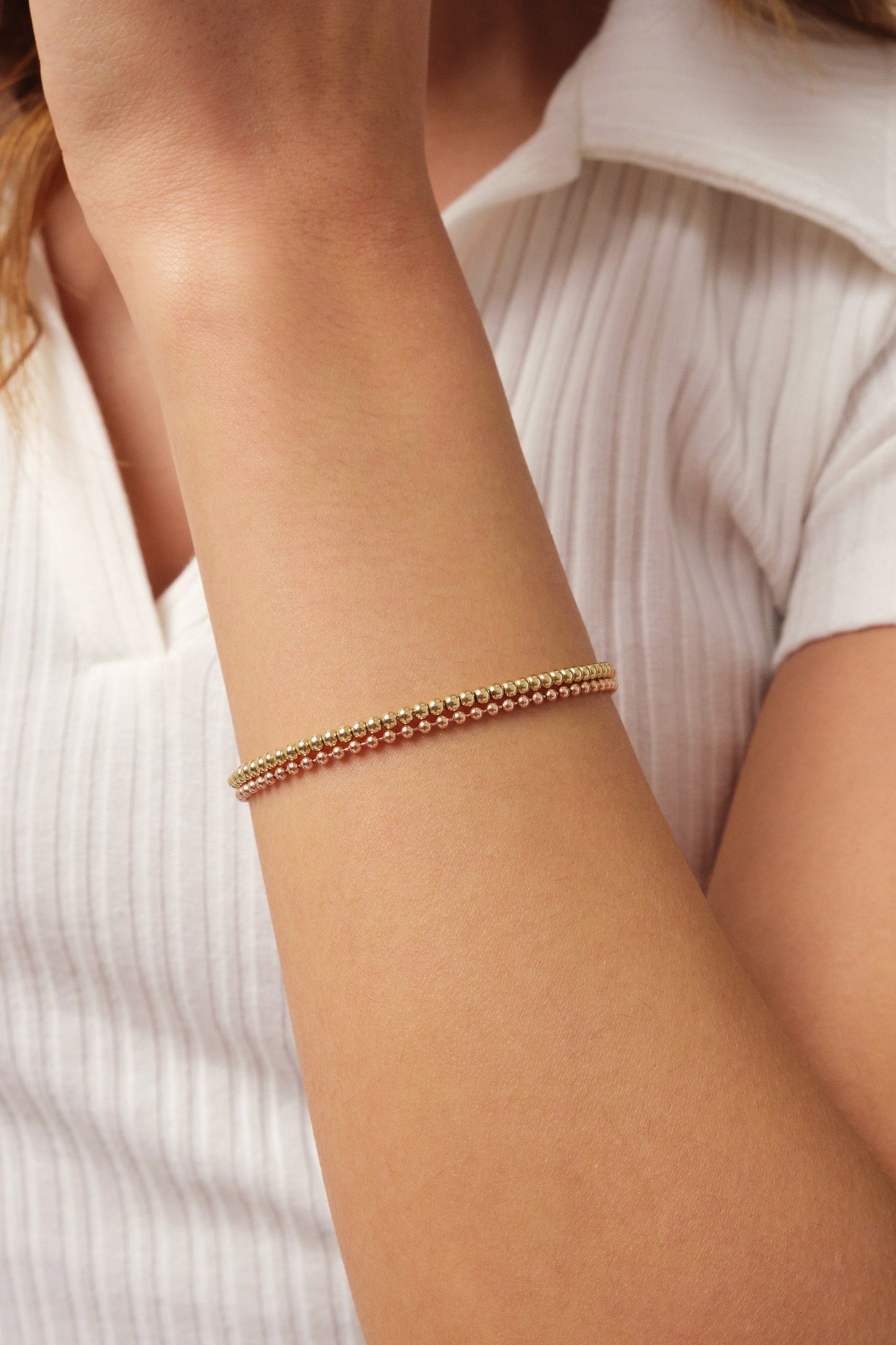 14K Gold Beaded Chain Bracelet, 1.5mm 2mm Italian Gold Bracelet, Dainty Stacking Jewelry, Minimalist Gold Ball, Shiny Round Bead Bracelet