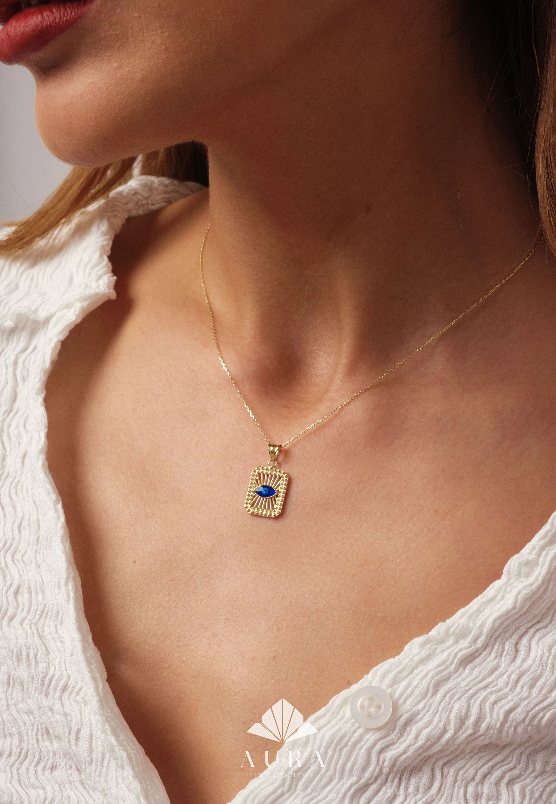 14K Gold Protection Necklace, Evil Eye Medallion Pendant, Third Eye Charm, Hamsa Pendant for Women, Minimalist Square Evil Eye Jewelry