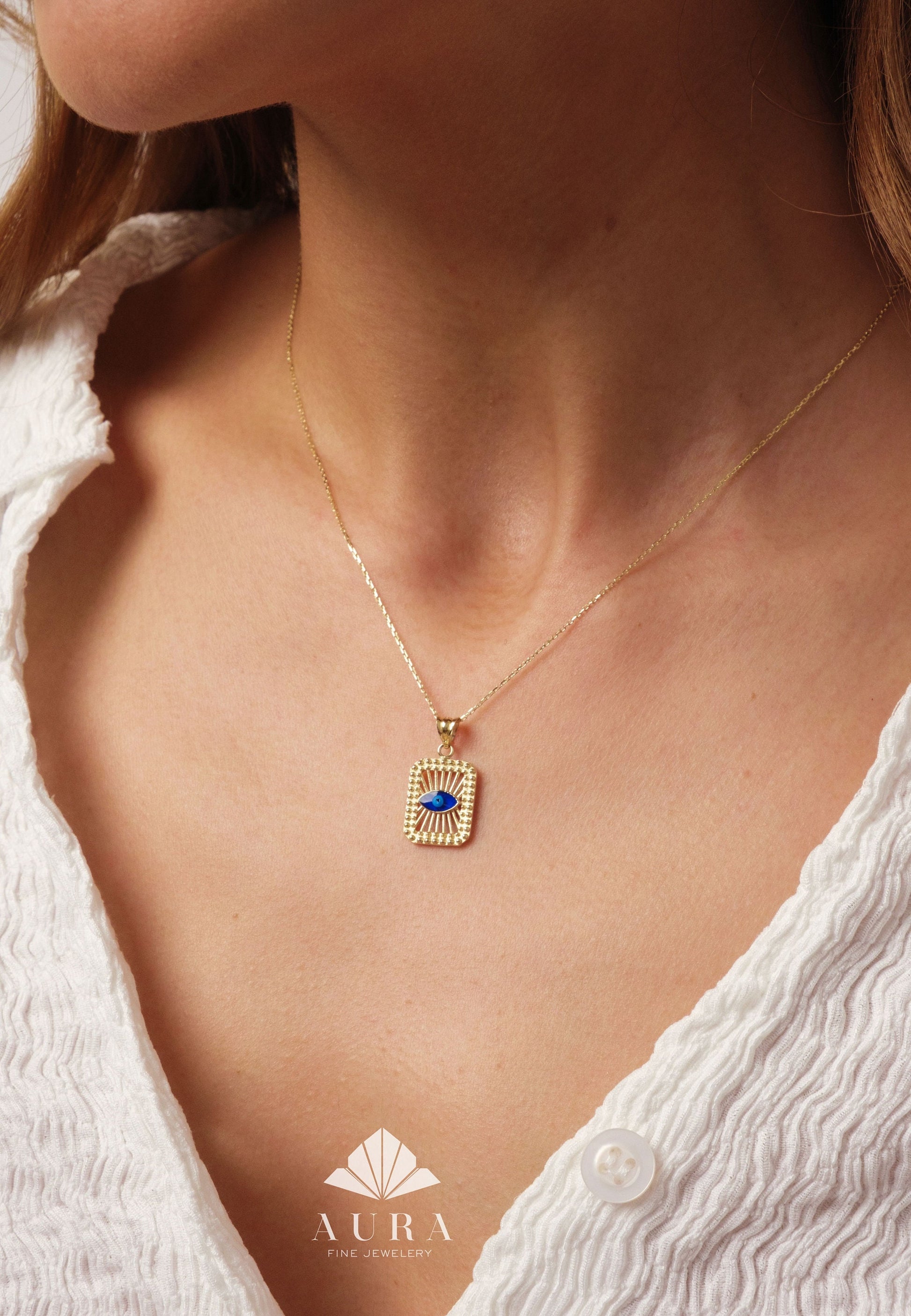 14K Gold Protection Necklace, Evil Eye Medallion Pendant, Third Eye Charm, Hamsa Pendant for Women, Minimalist Square Evil Eye Jewelry