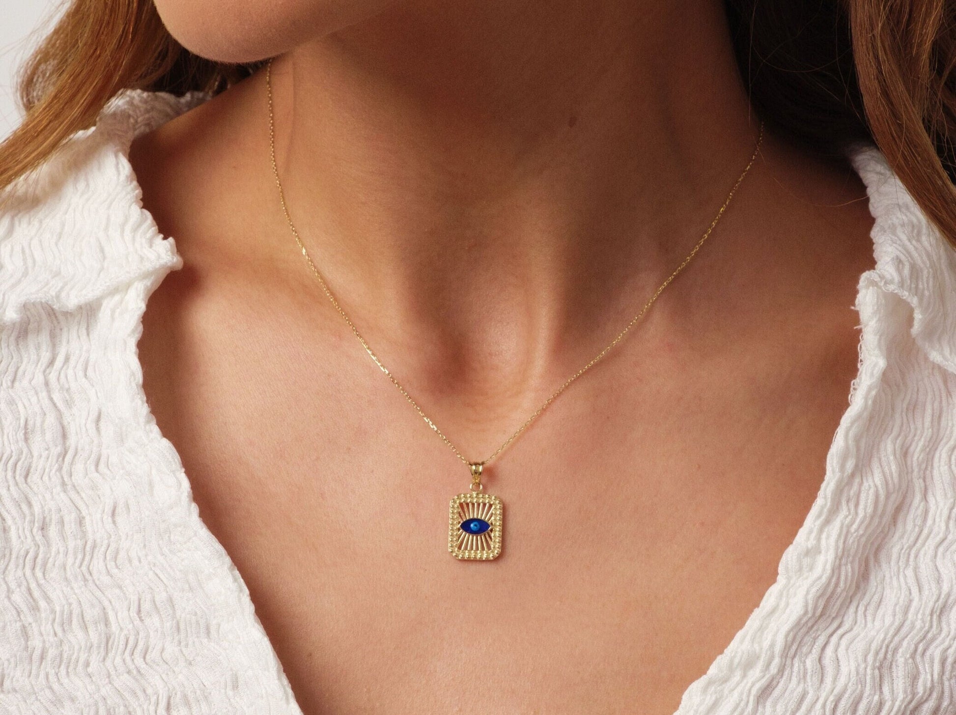 14K Gold Protection Necklace, Evil Eye Medallion Pendant, Third Eye Charm, Hamsa Pendant for Women, Minimalist Square Evil Eye Jewelry