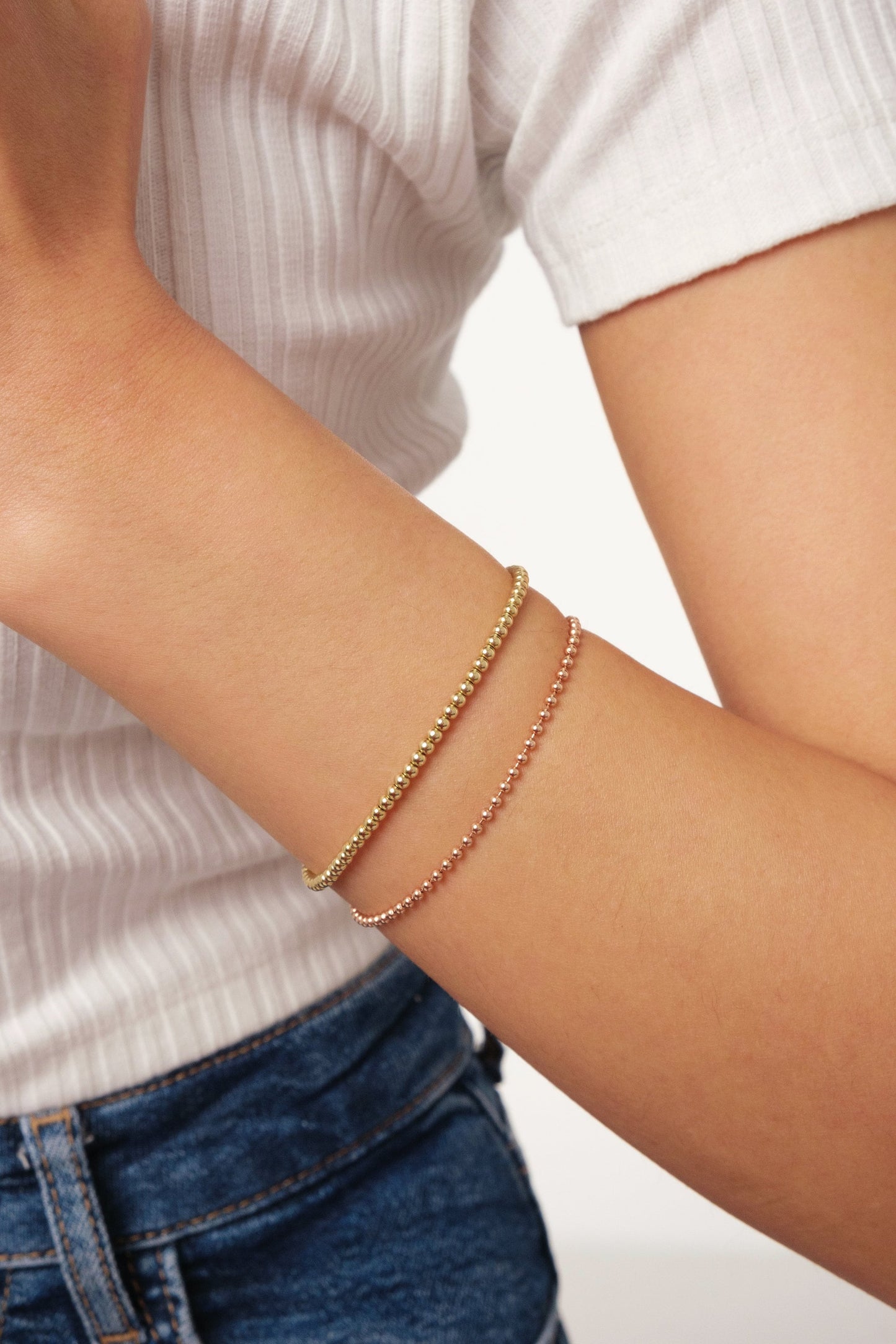 14K Gold Beaded Chain Bracelet, 1.5mm 2mm Italian Gold Bracelet, Dainty Stacking Jewelry, Minimalist Gold Ball, Shiny Round Bead Bracelet