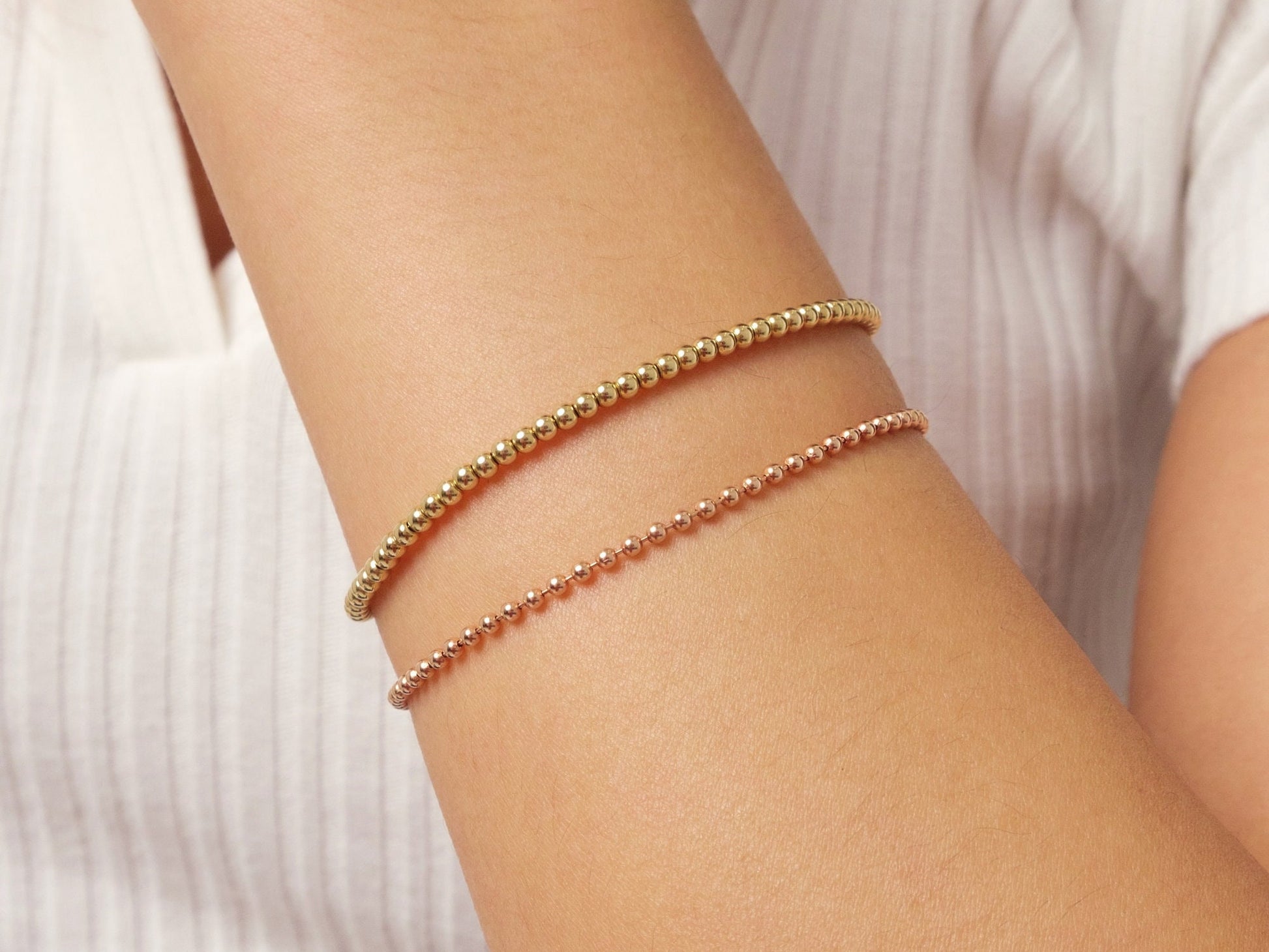 14K Gold Beaded Chain Bracelet, 1.5mm 2mm Italian Gold Bracelet, Dainty Stacking Jewelry, Minimalist Gold Ball, Shiny Round Bead Bracelet