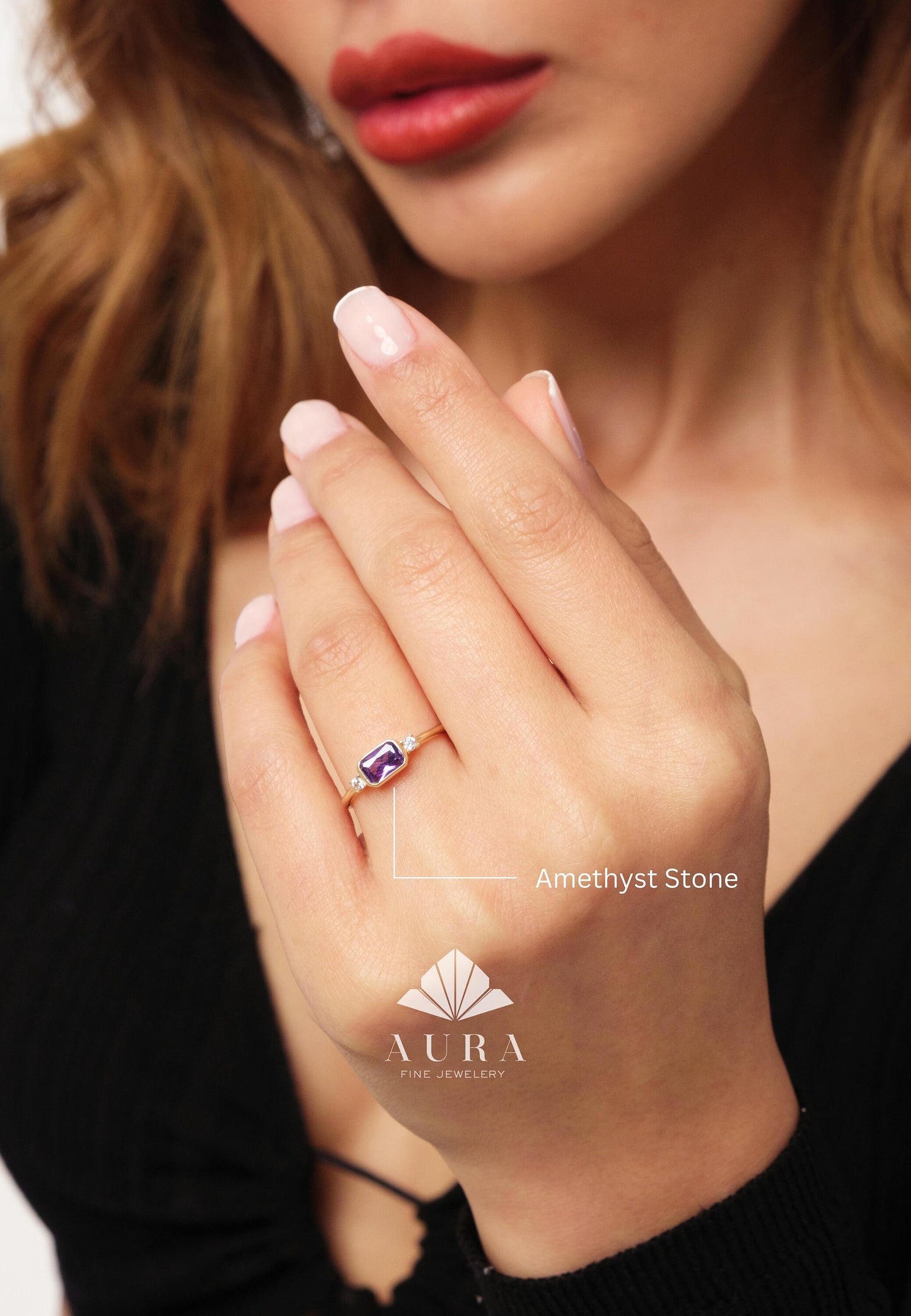 14K Gold Amethyst Ring, Rectangle Amethyst Diamond Engagement Ring, Custom Gemstone Ring, Purple Ring, February Birthstone Ring, Unique Ring