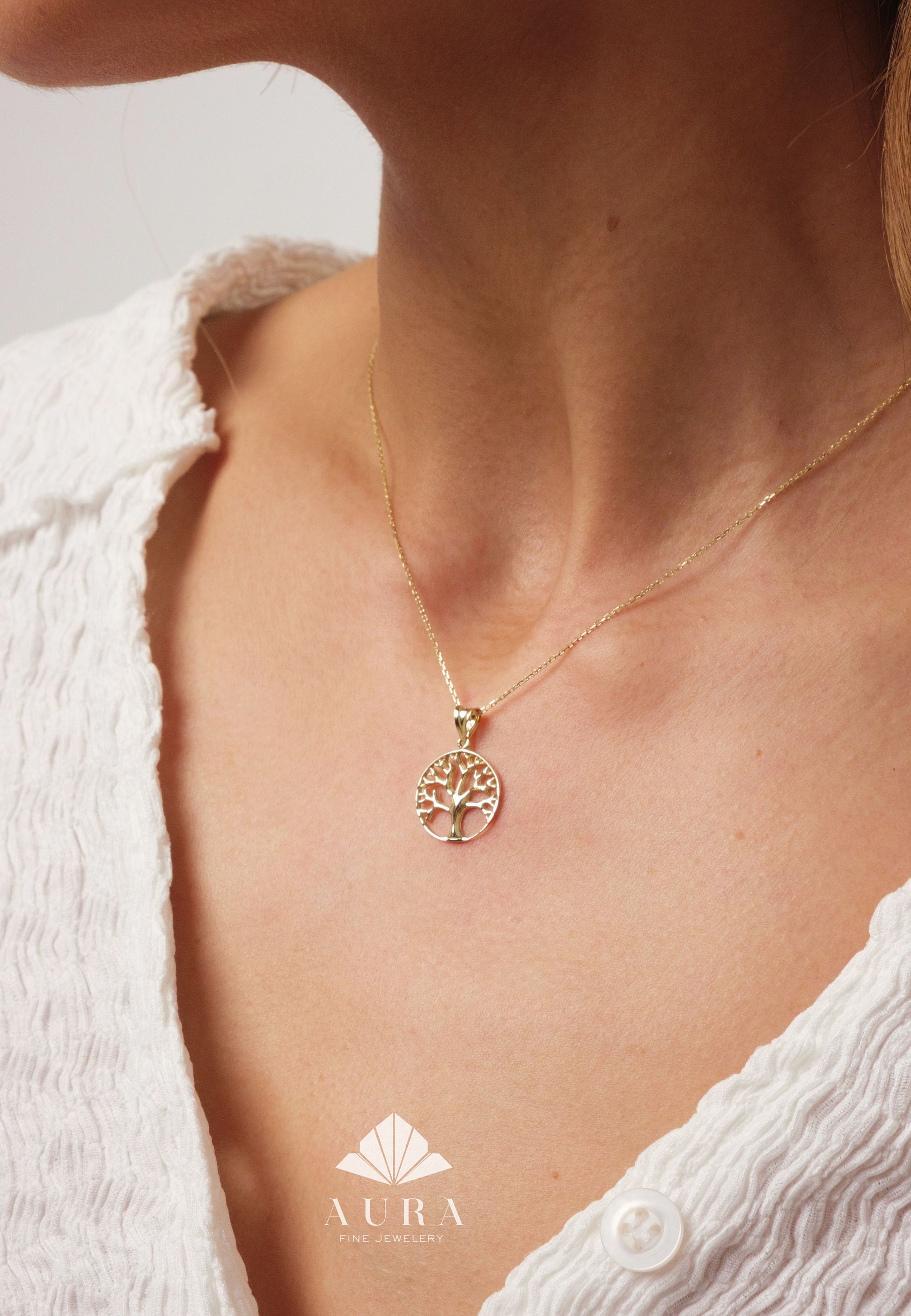 14K Solid Gold Tree of Life Necklace, Family Tree Pendant, Dainty Nature Necklace, Personalized Medallion Necklace, Meaningful Mom Gift
