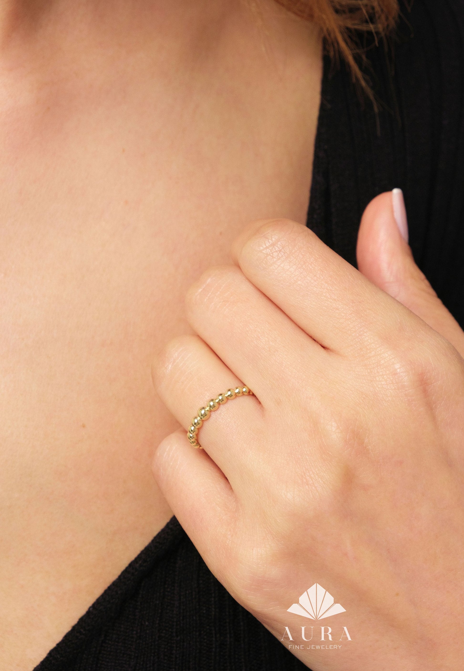 14K Gold Beaded Ring, Gold Dot Stacking Ring, Dainty Bubble Ring, Minimalist Wedding Band, Everyday Stackable Delicate Ring, Gift for Her