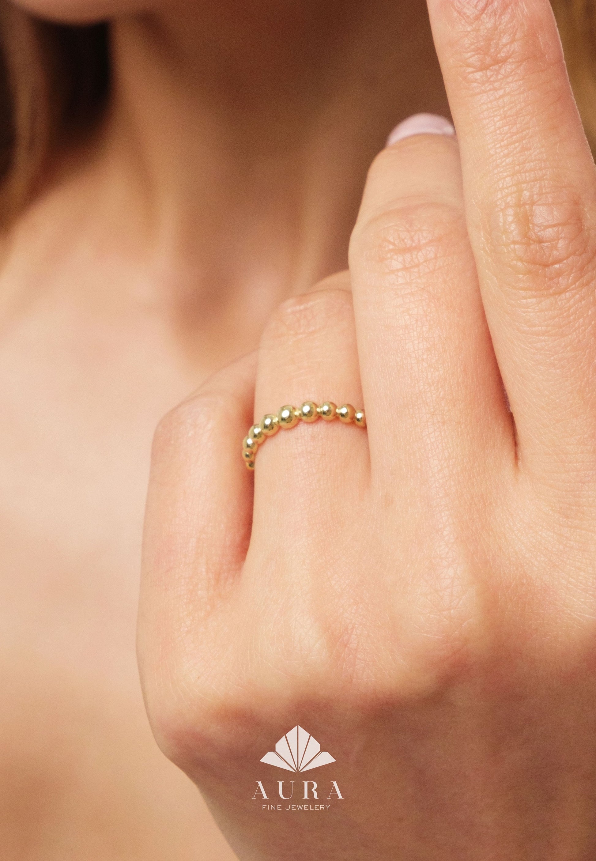 14K Gold Beaded Ring, Gold Dot Stacking Ring, Dainty Bubble Ring, Minimalist Wedding Band, Everyday Stackable Delicate Ring, Gift for Her
