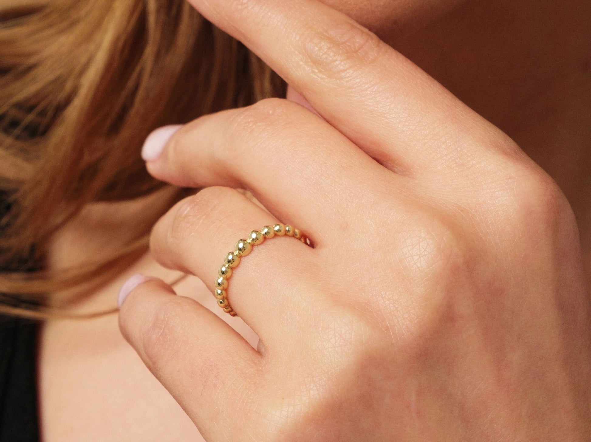 14K Gold Beaded Ring, Gold Dot Stacking Ring, Dainty Bubble Ring, Minimalist Wedding Band, Everyday Stackable Delicate Ring, Gift for Her
