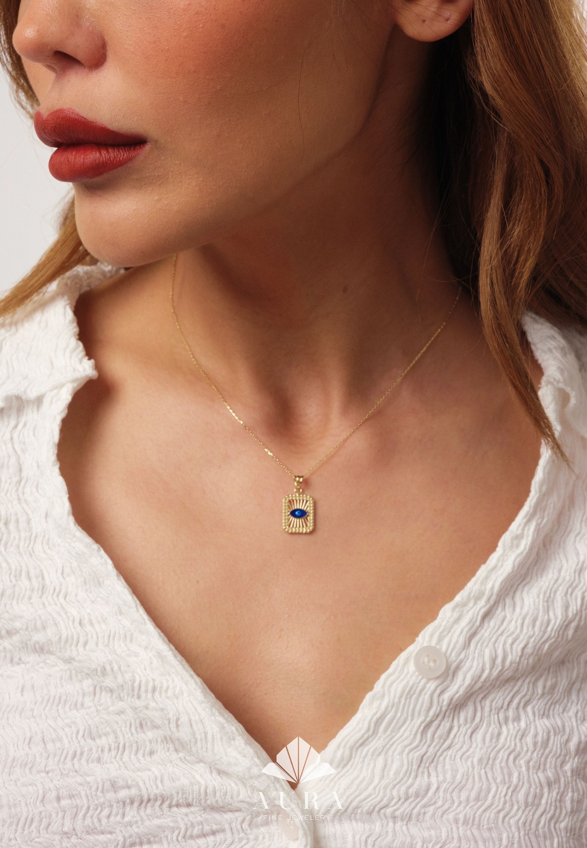 14K Gold Protection Necklace, Evil Eye Medallion Pendant, Third Eye Charm, Hamsa Pendant for Women, Minimalist Square Evil Eye Jewelry