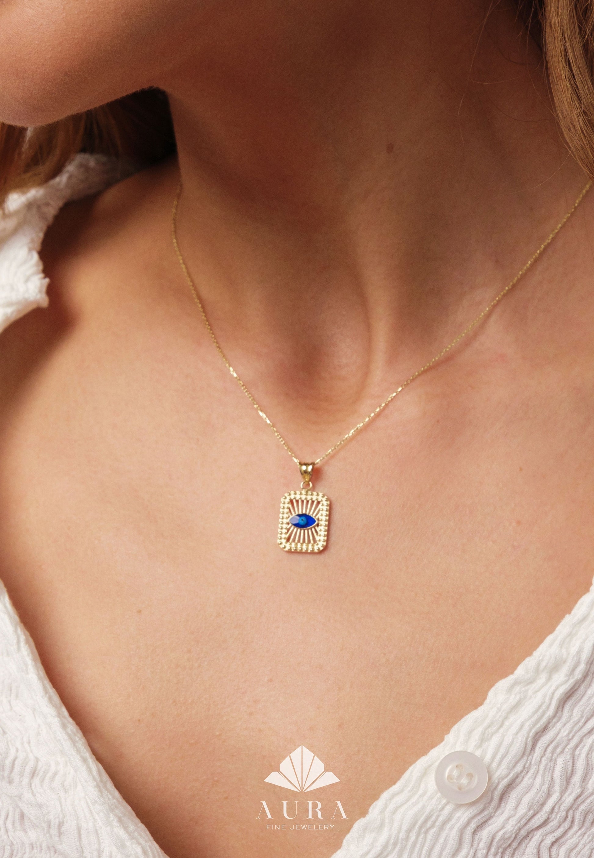 14K Gold Protection Necklace, Evil Eye Medallion Pendant, Third Eye Charm, Hamsa Pendant for Women, Minimalist Square Evil Eye Jewelry