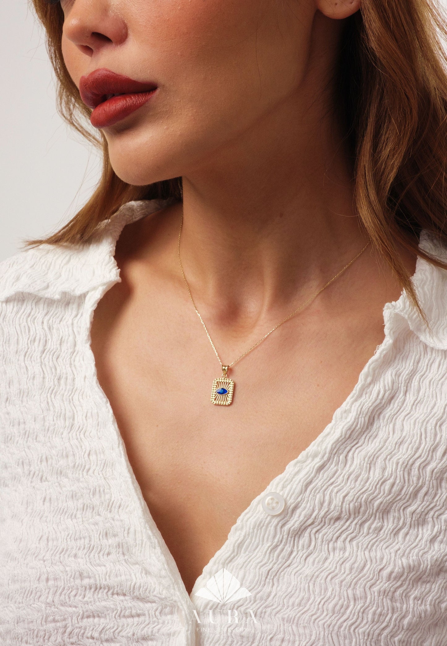 14K Gold Protection Necklace, Evil Eye Medallion Pendant, Third Eye Charm, Hamsa Pendant for Women, Minimalist Square Evil Eye Jewelry