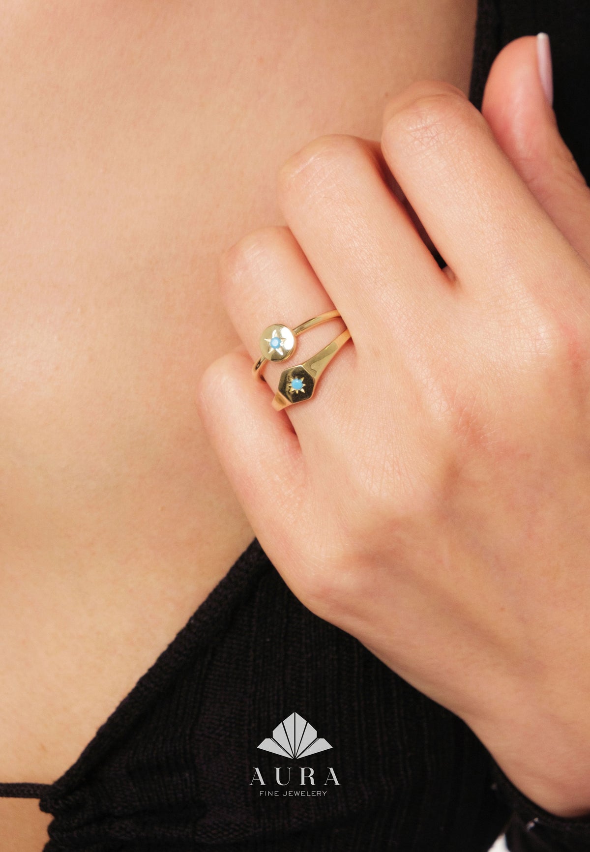 14K Gold Turquoise North Star Ring, Polar Star Ring, Starburst Band Ring, Hexagon Round Luck Star Rings, Celestial Pinky Knuckle Ring