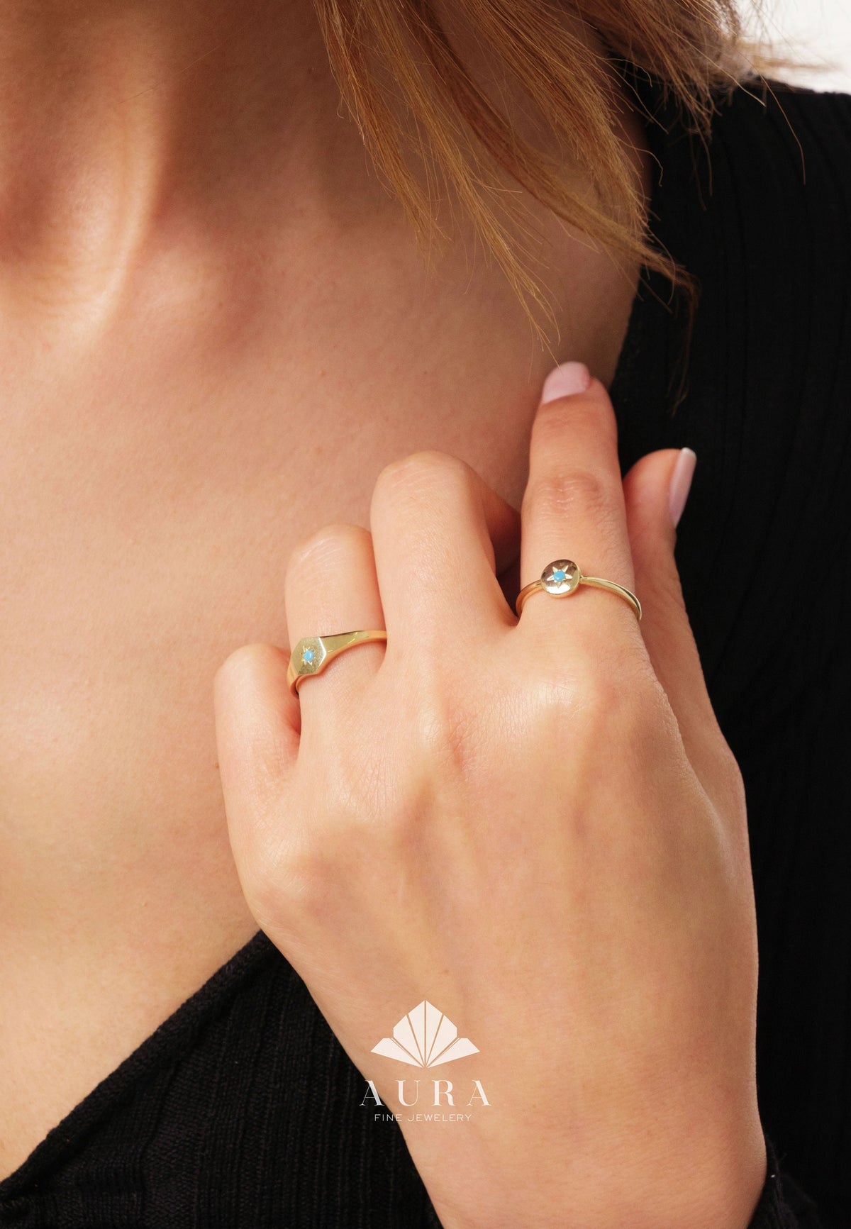 14K Gold Turquoise North Star Ring, Polar Star Ring, Starburst Band Ring, Hexagon Round Luck Star Rings, Celestial Pinky Knuckle Ring