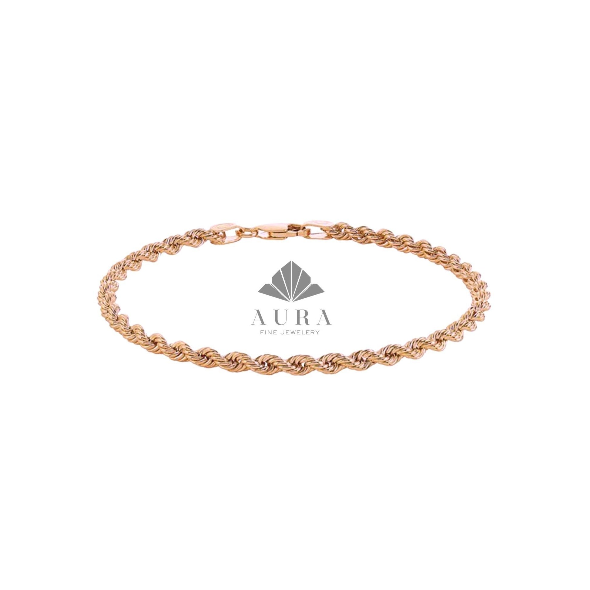 14K Gold Rope Chain Bracelet, Twisted Gold Bracelet, 2mm 3mm 4mm Rope Chain, Dainty Stackable Bracelet, Gift for Men & Women