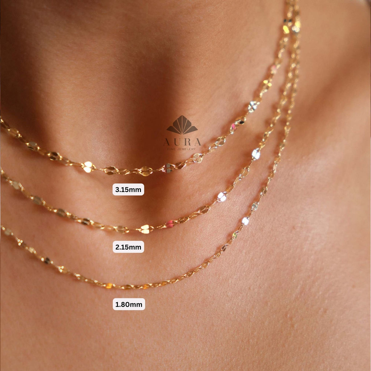 14K Gold Sequin Necklace, Sparkle Chain Necklace, 2mm 3mm 4mm Gold Glitter Necklace, Mirror Faceted Chain Necklace, Thin Chain Necklace