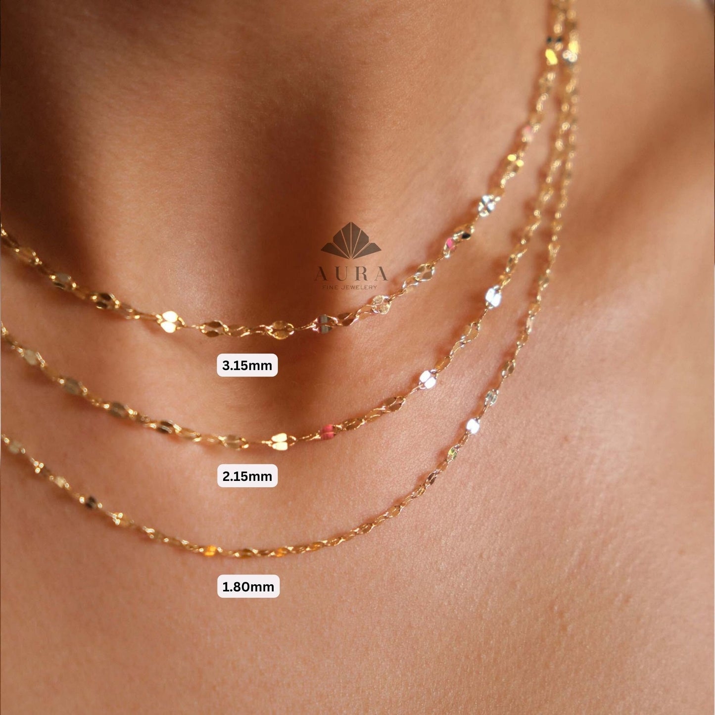 14K Gold Sequin Necklace, Sparkle Chain Necklace, 2mm 3mm 4mm Gold Glitter Necklace, Mirror Faceted Chain Necklace, Thin Chain Necklace