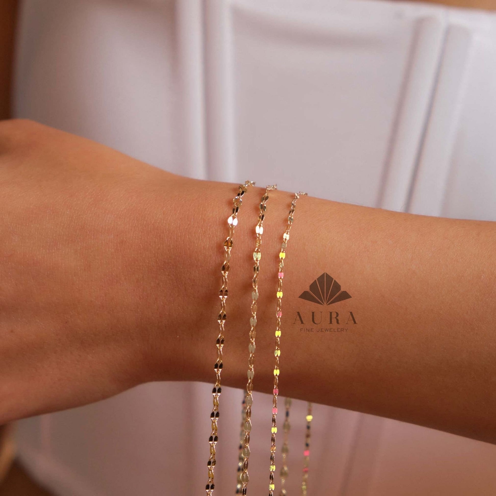 14K Solid Gold Sequin Bracelet, 2mm 3mm 4mm Gold Bracelet, Delicate Minimalist Handmade Bracelet Dainty, Thin Chain Bracelet, Gift For Her