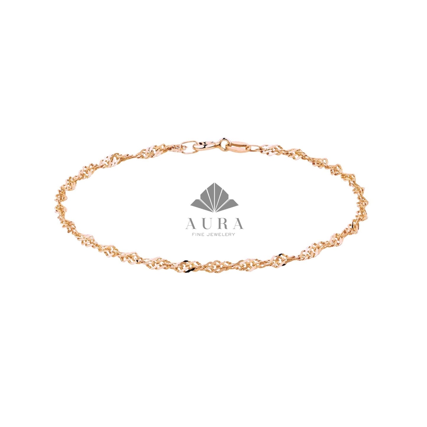 14K Real Gold Singapore Chain Bracelet, Twisted Gold Rope Bracelet, Dainty Twist Bracelet for Women, 1.2mm 1.9mm 2.2mm Layering Chain