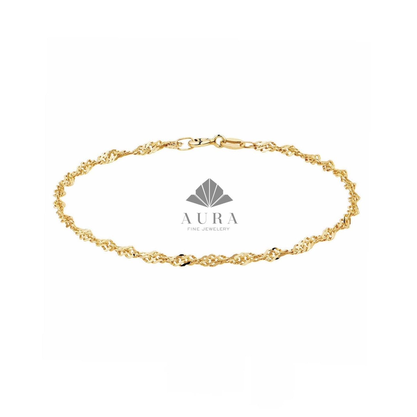 14K Real Gold Singapore Chain Bracelet, Twisted Gold Rope Bracelet, Dainty Twist Bracelet for Women, 1.2mm 1.9mm 2.2mm Layering Chain
