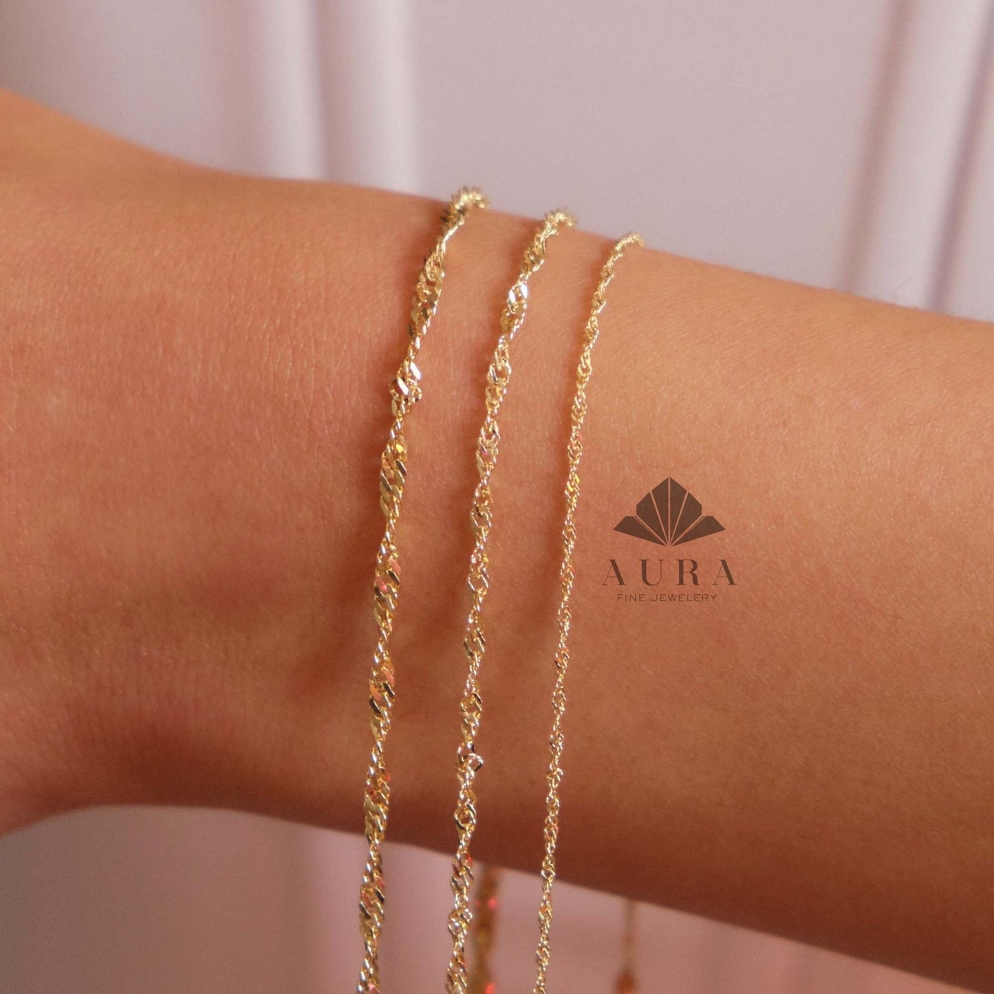 14K Real Gold Singapore Chain Bracelet, Twisted Gold Rope Bracelet, Dainty Twist Bracelet for Women, 1.2mm 1.9mm 2.2mm Layering Chain