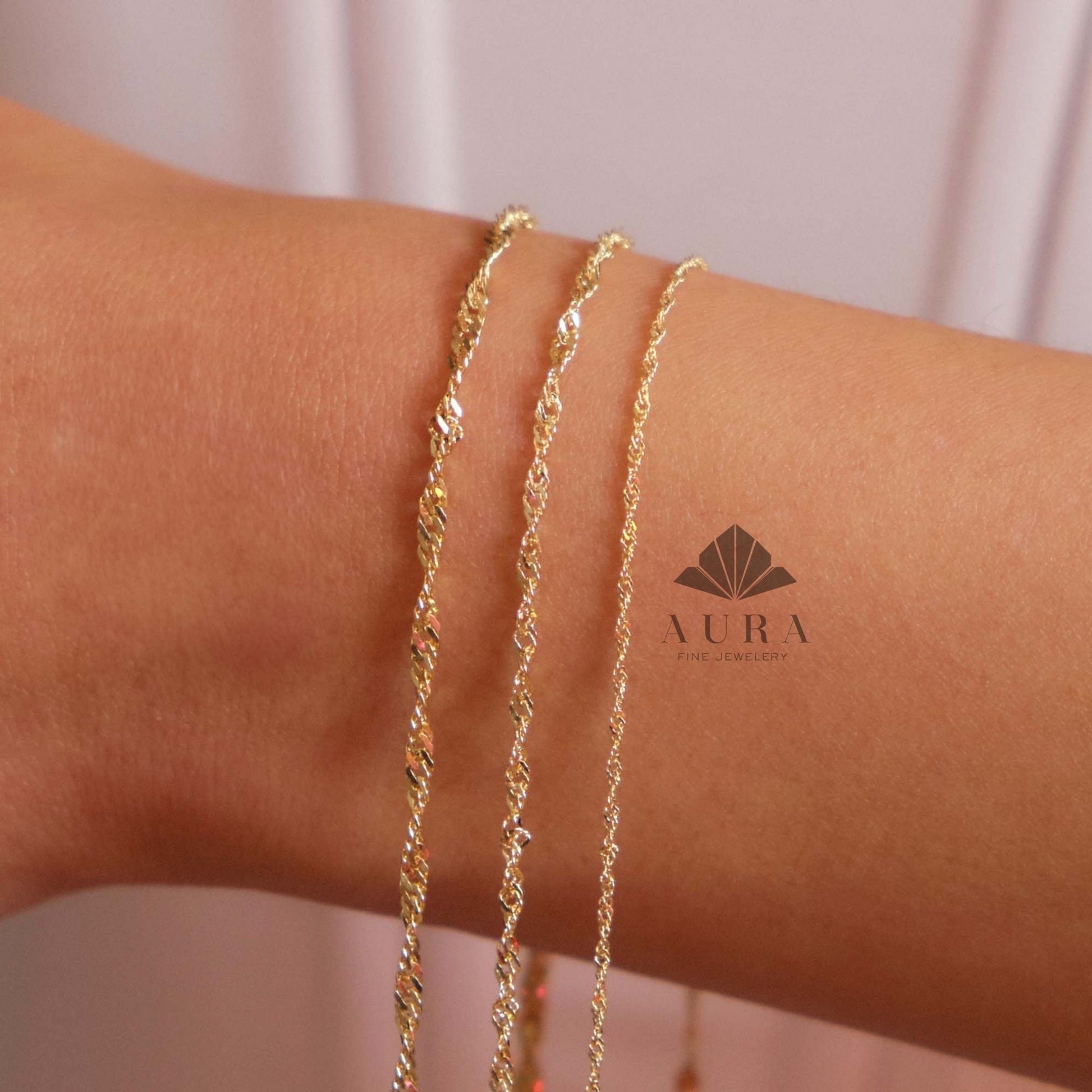 14K Real Gold Singapore Chain Bracelet, Twisted Gold Rope Bracelet, Dainty Twist Bracelet for Women, 1.2mm 1.9mm 2.2mm Layering Chain