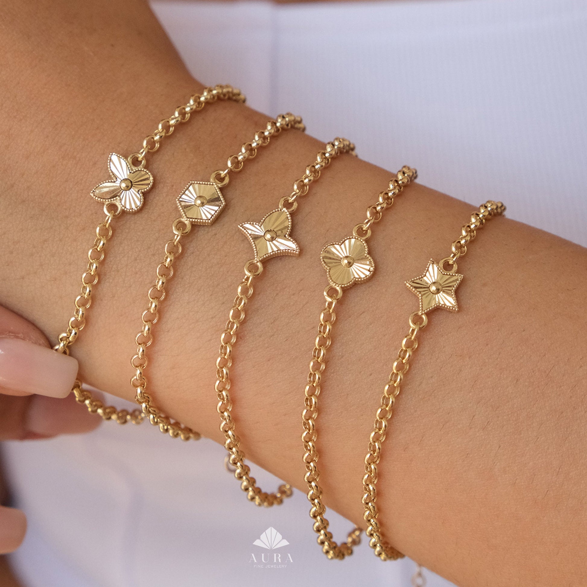 14K Rolo Gold Chain Bracelet, Clover, Star, Hamsa, Hexagon, Butterfly Charm Bracelet, 3mm Chain Link Mini Charm Bracelet, Gift for Her