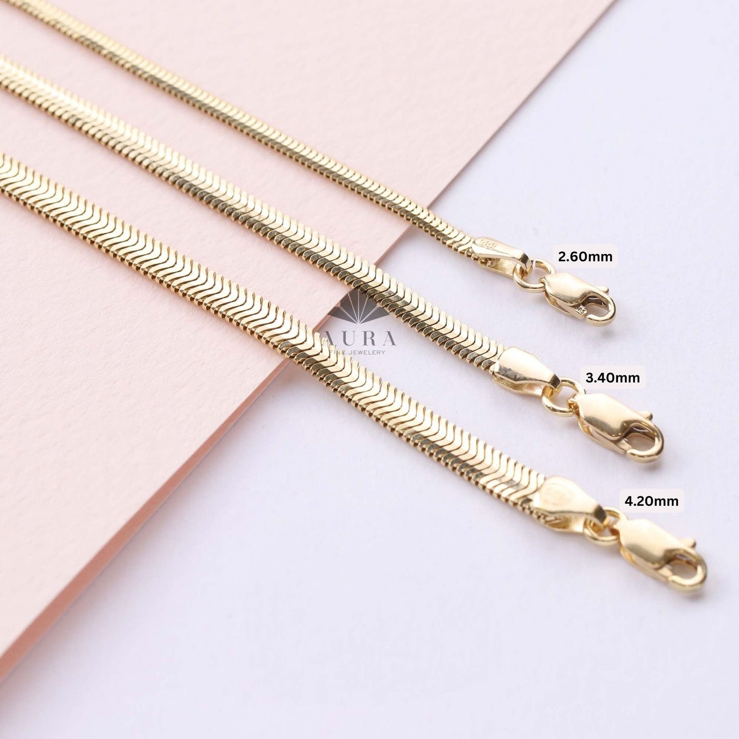 14K Gold Snake Chain Anklet, Mens Womens Flat Chain Anklet, Handmade, Italian Gold Anklet, Herringbone 2.6 mm 3.4 mm 4.2 mm Chain