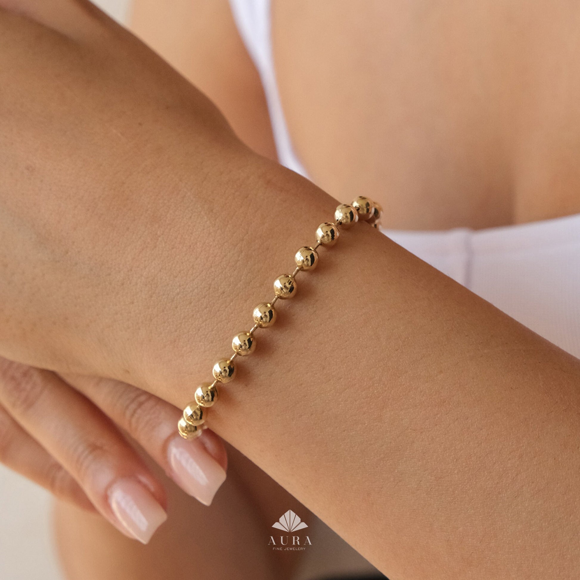 14K Gold Bead Ball Chain Bracelet, 3.5mm Italian Gold Beaded Bracelet, Round All Shiny Plain Ball Bracelet, Stacking Dainty Bracelet