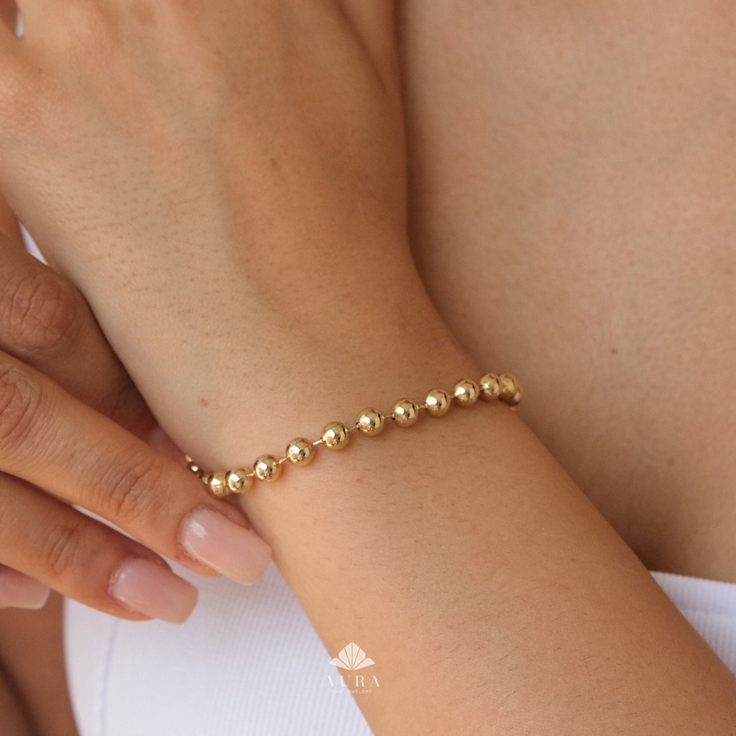 14K Gold Bead Ball Chain Bracelet, 3.5mm Italian Gold Beaded Bracelet, Round All Shiny Plain Ball Bracelet, Stacking Dainty Bracelet