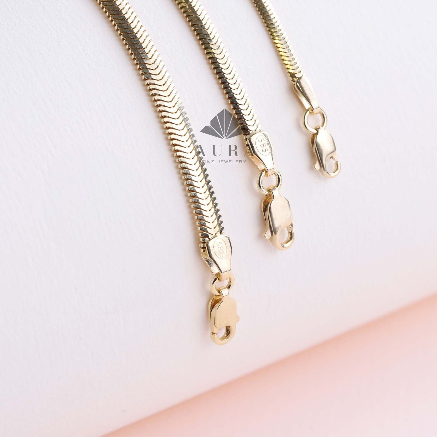 14K Gold Snake Chain Necklace, Minimalist Gold Necklace, Handmade Jewelry, Herringbone 2.6 mm 3.4 mm 4.2 mm Chain, Italian Gold Necklace