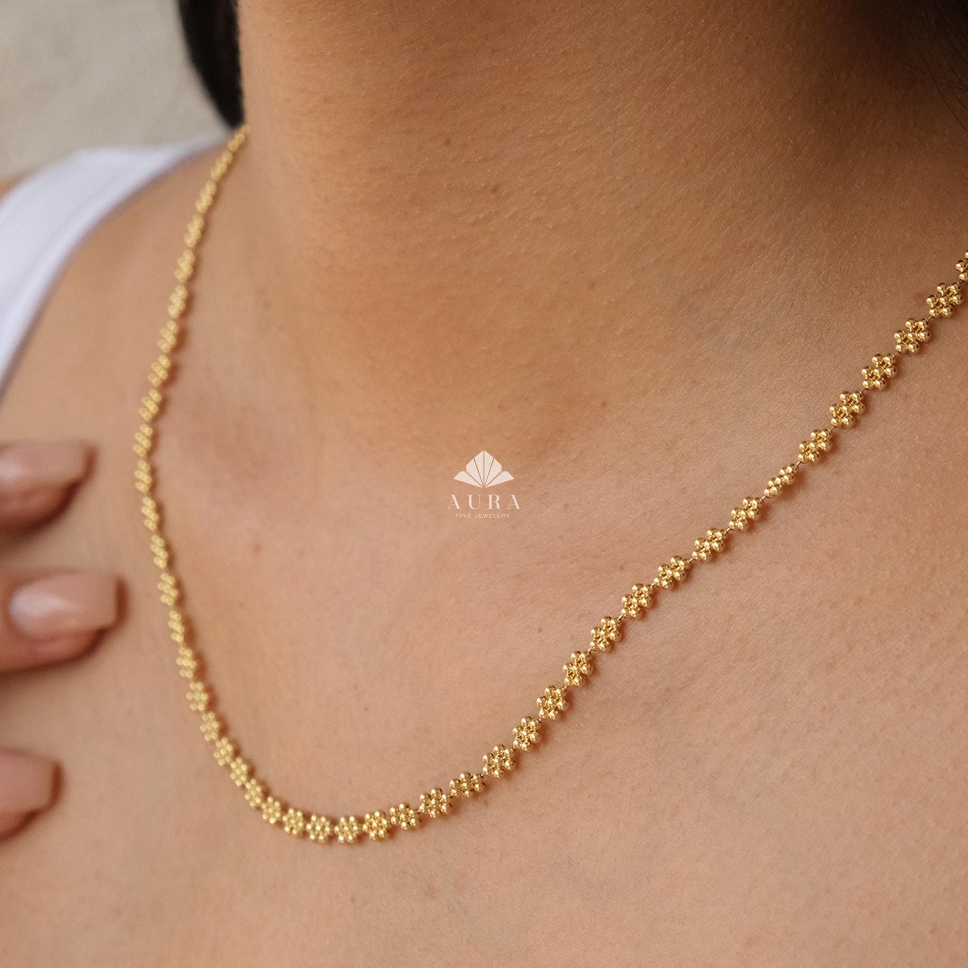 14K Gold Popcorn Necklace, Handmade Gold Layering Chain, Italian Pop Corn Necklace, Herringbone Stack Link Chain, Valentine's Day Gift