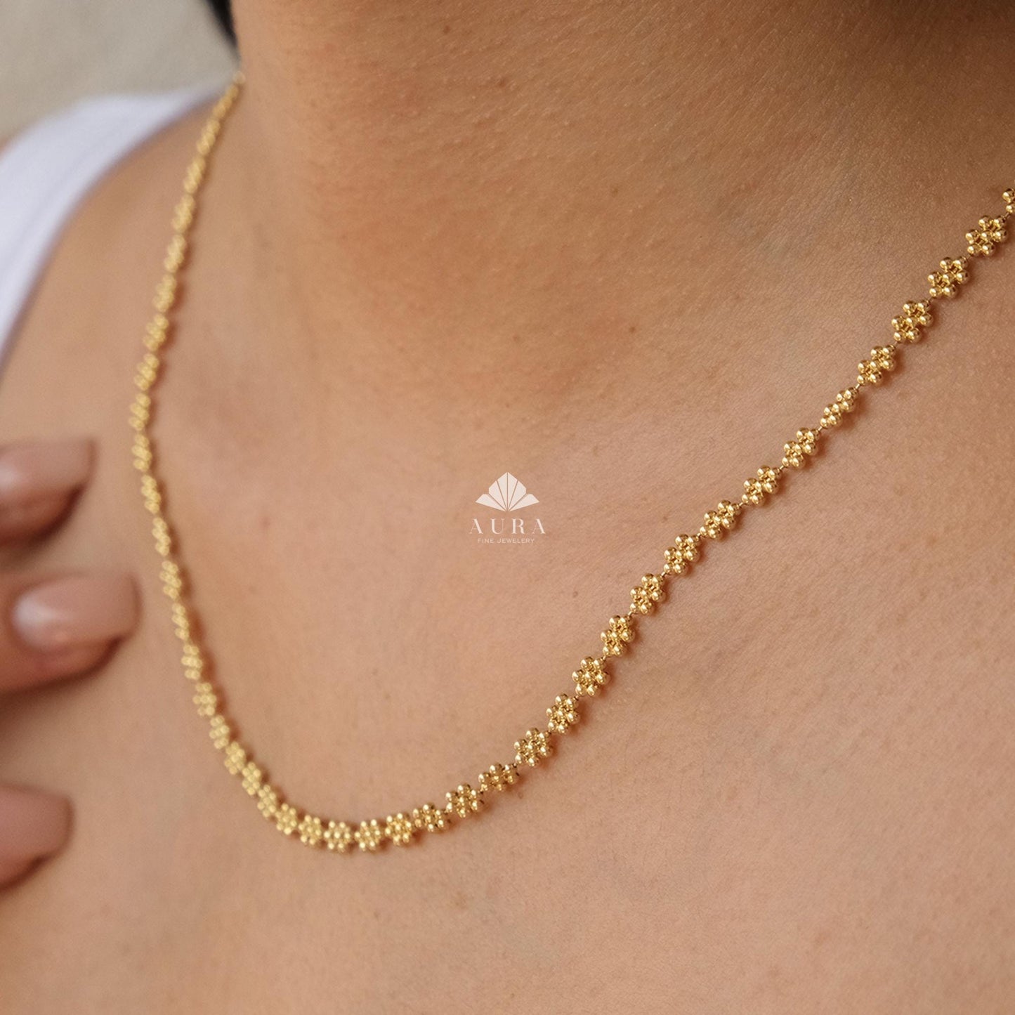 14K Gold Popcorn Necklace, Handmade Gold Layering Chain, Italian Pop Corn Necklace, Herringbone Stack Link Chain, Valentine's Day Gift