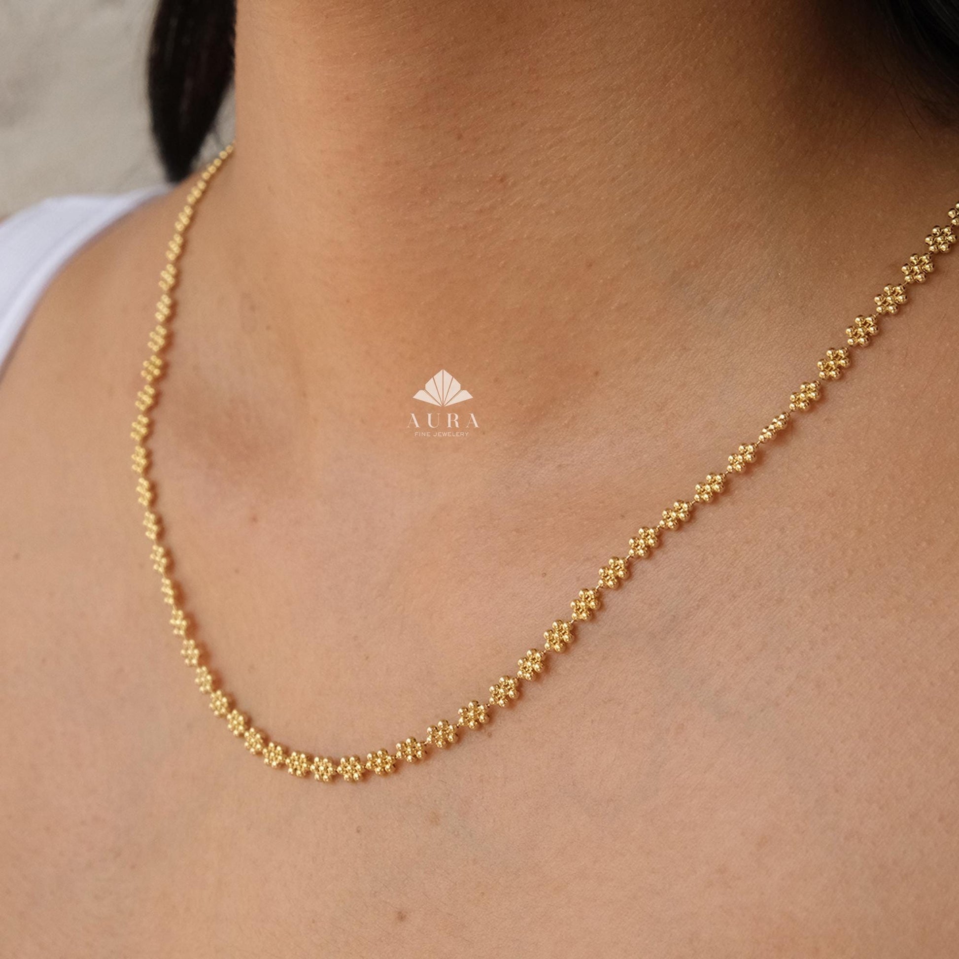 14K Gold Popcorn Necklace, Handmade Gold Layering Chain, Italian Pop Corn Necklace, Herringbone Stack Link Chain, Valentine's Day Gift