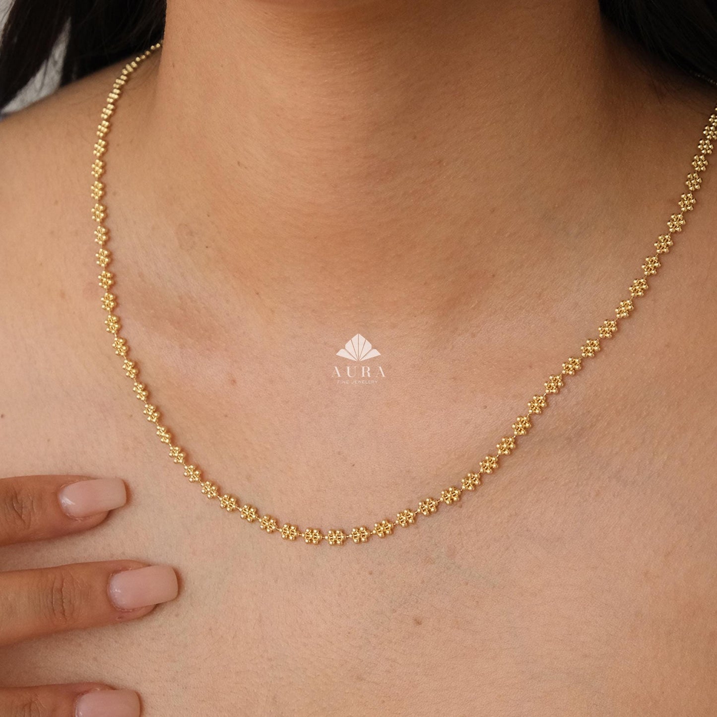 14K Gold Popcorn Necklace, Handmade Gold Layering Chain, Italian Pop Corn Necklace, Herringbone Stack Link Chain, Valentine's Day Gift