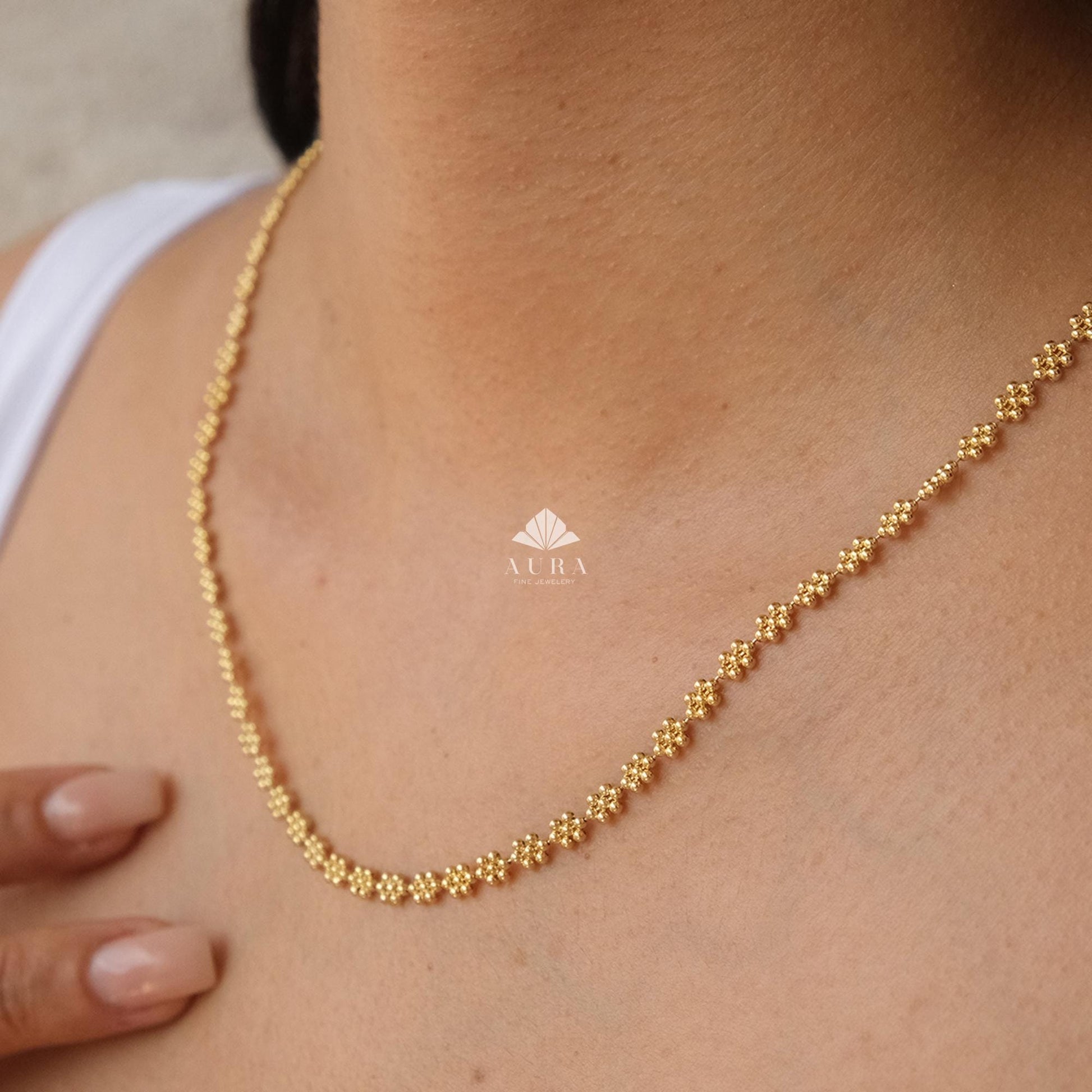 14K Gold Popcorn Necklace, Handmade Gold Layering Chain, Italian Pop Corn Necklace, Herringbone Stack Link Chain, Valentine's Day Gift