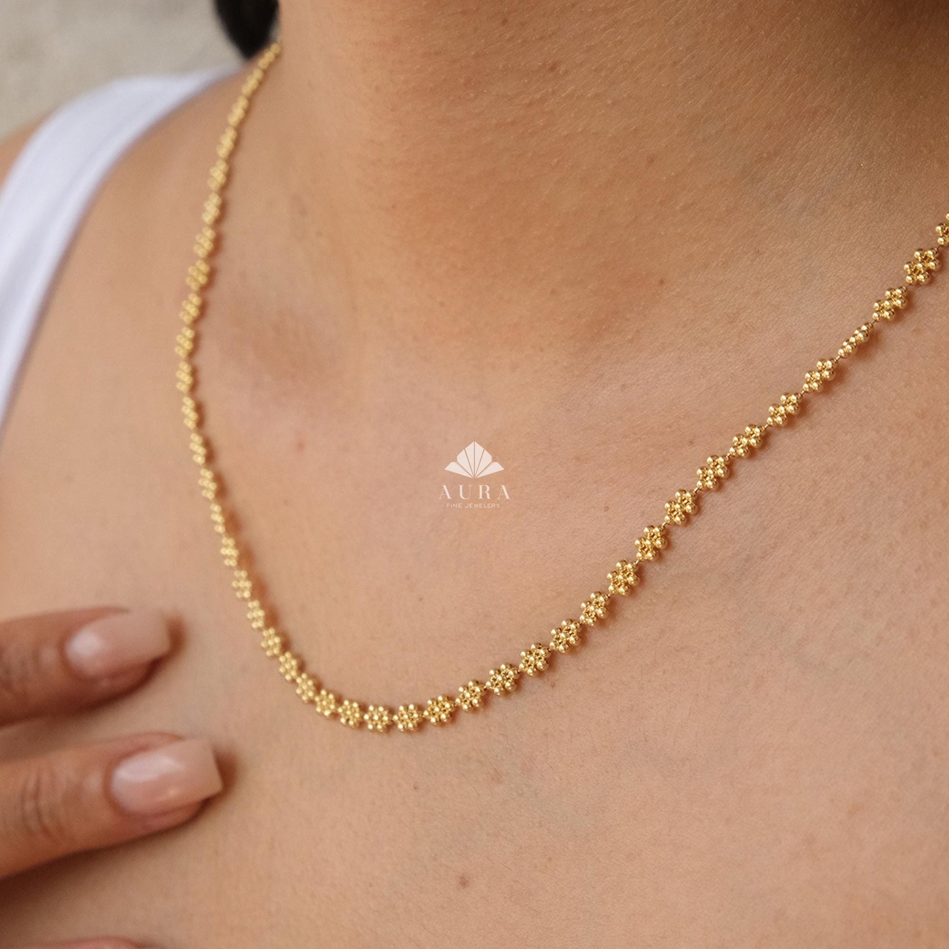 14K Gold Popcorn Necklace, Handmade Gold Layering Chain, Italian Pop Corn Necklace, Herringbone Stack Link Chain, Valentine's Day Gift