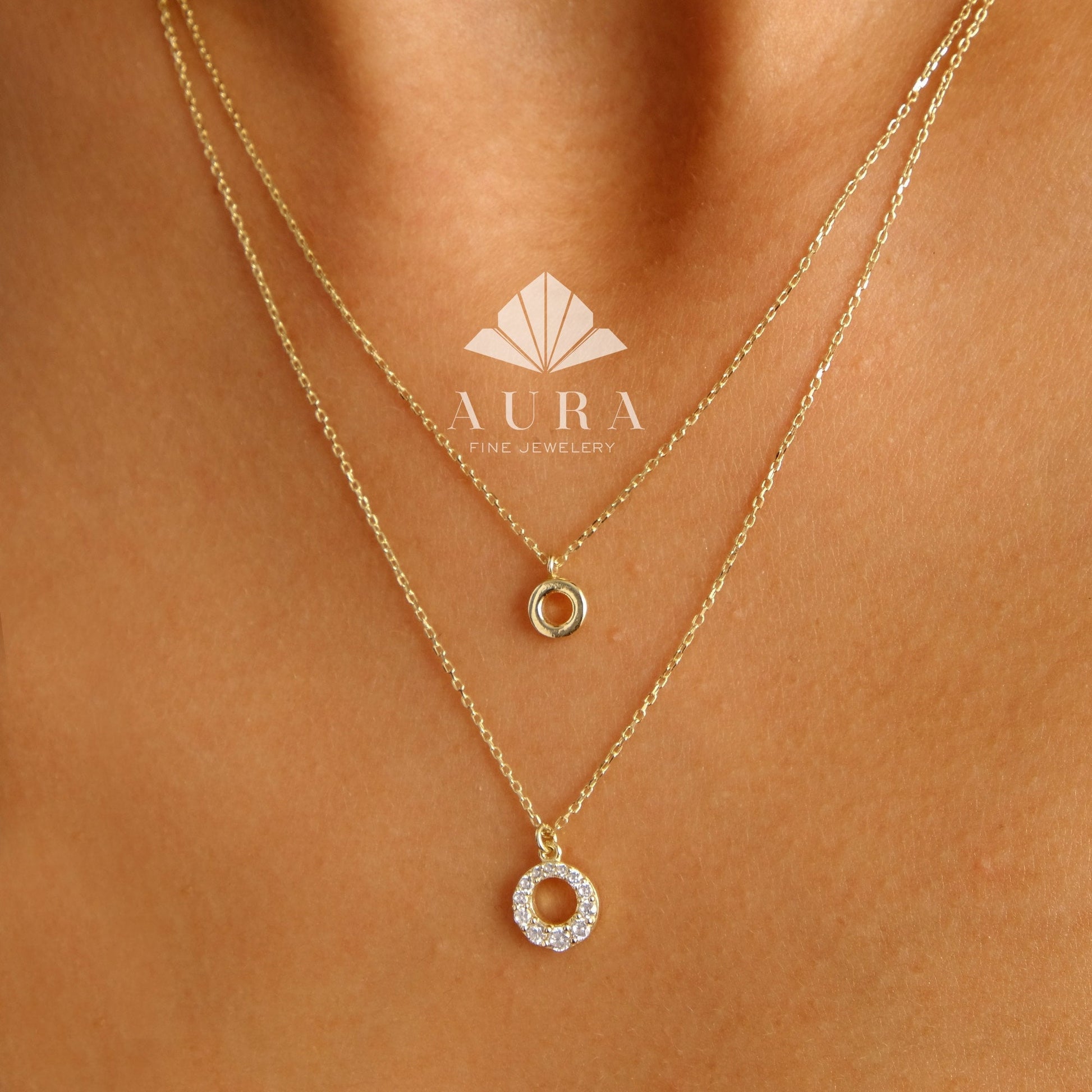 14K Gold Circle Necklace, Diamond Open Circle Pendant, Karma Pendant Necklace, Layered Round Necklace Set, Circle Jewelry, Dainty Circle