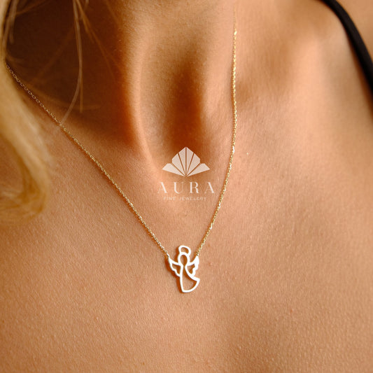 14K Gold Angel Necklace, Dainty Guardian Pendant, Protection Charm Jewelry, Minimalist Angel Necklace, Spiritual Gift, Valentine’s Day Gift