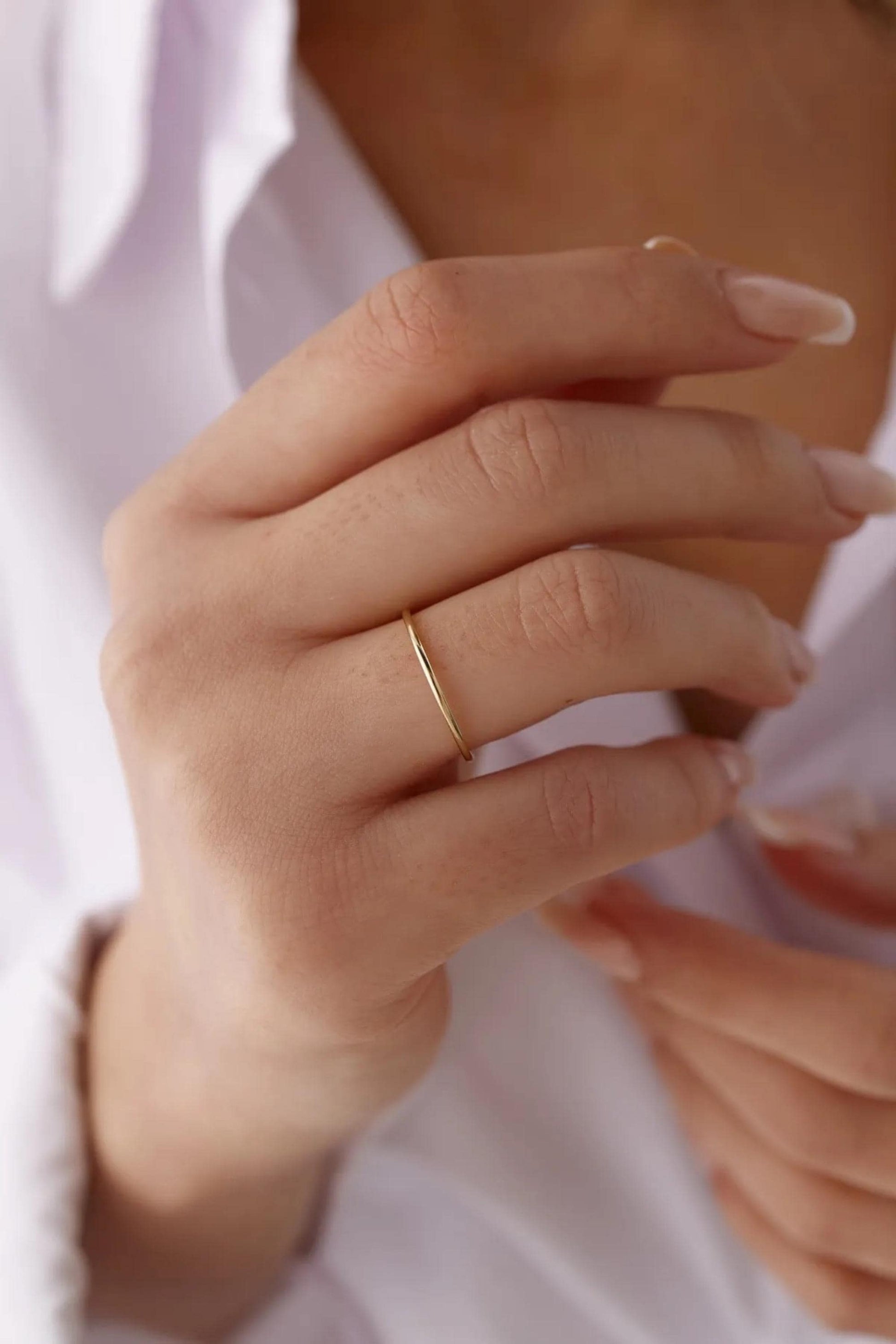 14k Solid Gold Thin Wedding Band, Stacking Ring, 1mm Wedding Band, Dainty Minimalist Simple Plain Ring, Mother's Day Gift