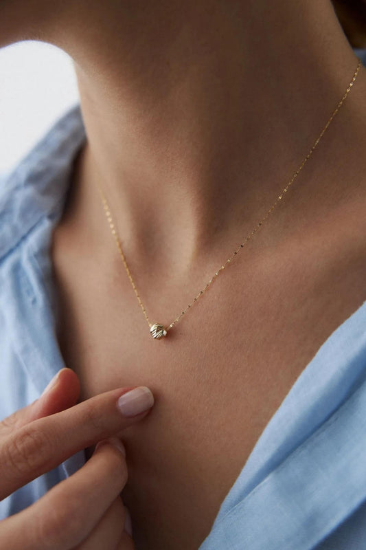 14K Gold Textured Saphere Necklace, 14K Mini Ball Necklace, 14k Real Gold Minimalist Necklace, 14K Solid Gold Bead Pendant for Women
